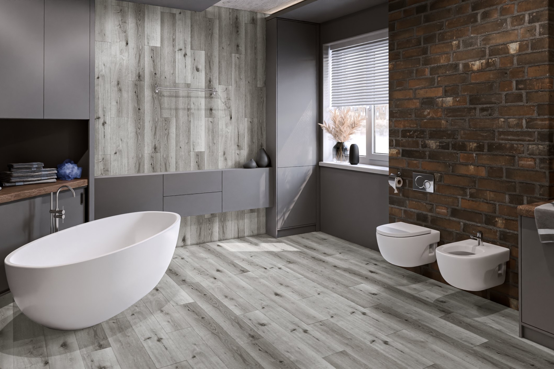 Кварцвиниловый SPC ламинат Damy Floor Family Дуб Классический Серый Classic Gray Oak T7020-2 1220×180×4 фото в интерьере