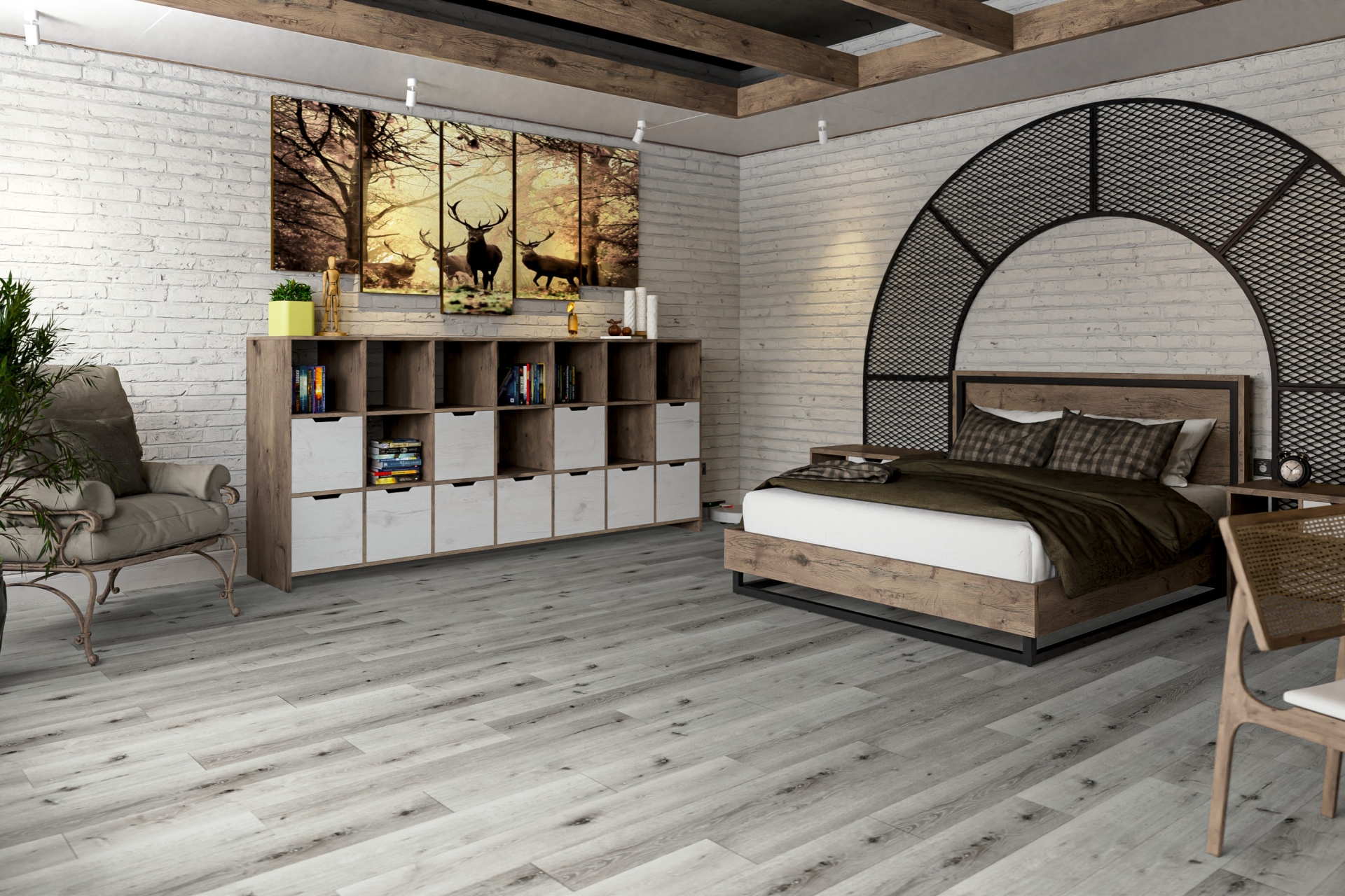Кварцвиниловый SPC ламинат Damy Floor Family Дуб Классический Серый Classic Gray Oak T7020-2 1220×180×4 фото в интерьере