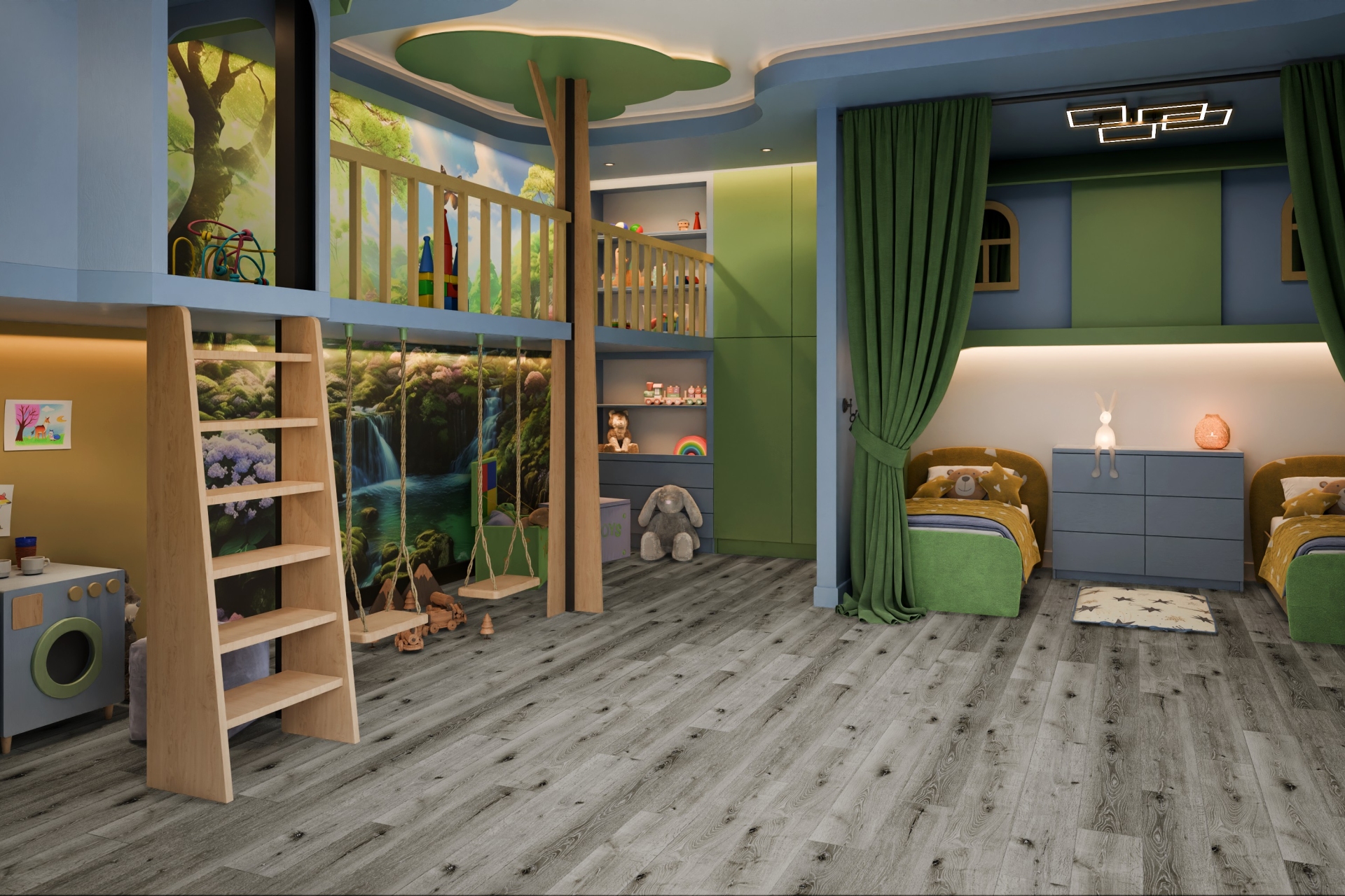 Кварцвиниловый SPC ламинат Damy Floor Family Дуб Состаренный Серый Aged Gray Oak T7020-5D 1220×180×4 фото в интерьере