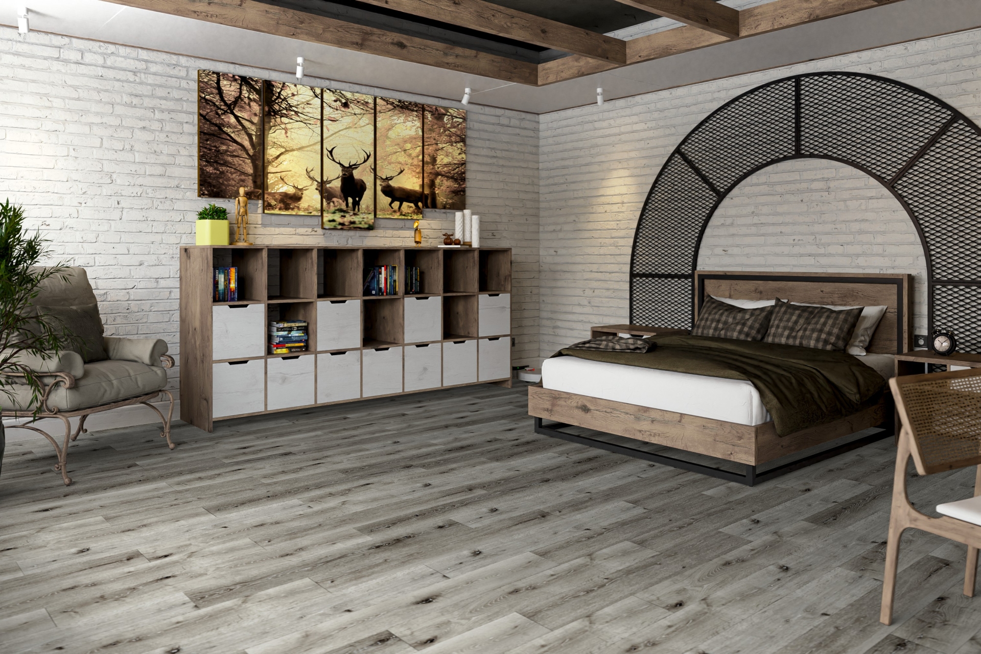 Кварцвиниловый SPC ламинат Damy Floor Family Дуб Состаренный Серый Aged Gray Oak T7020-5D 1220×180×4 фото в интерьере
