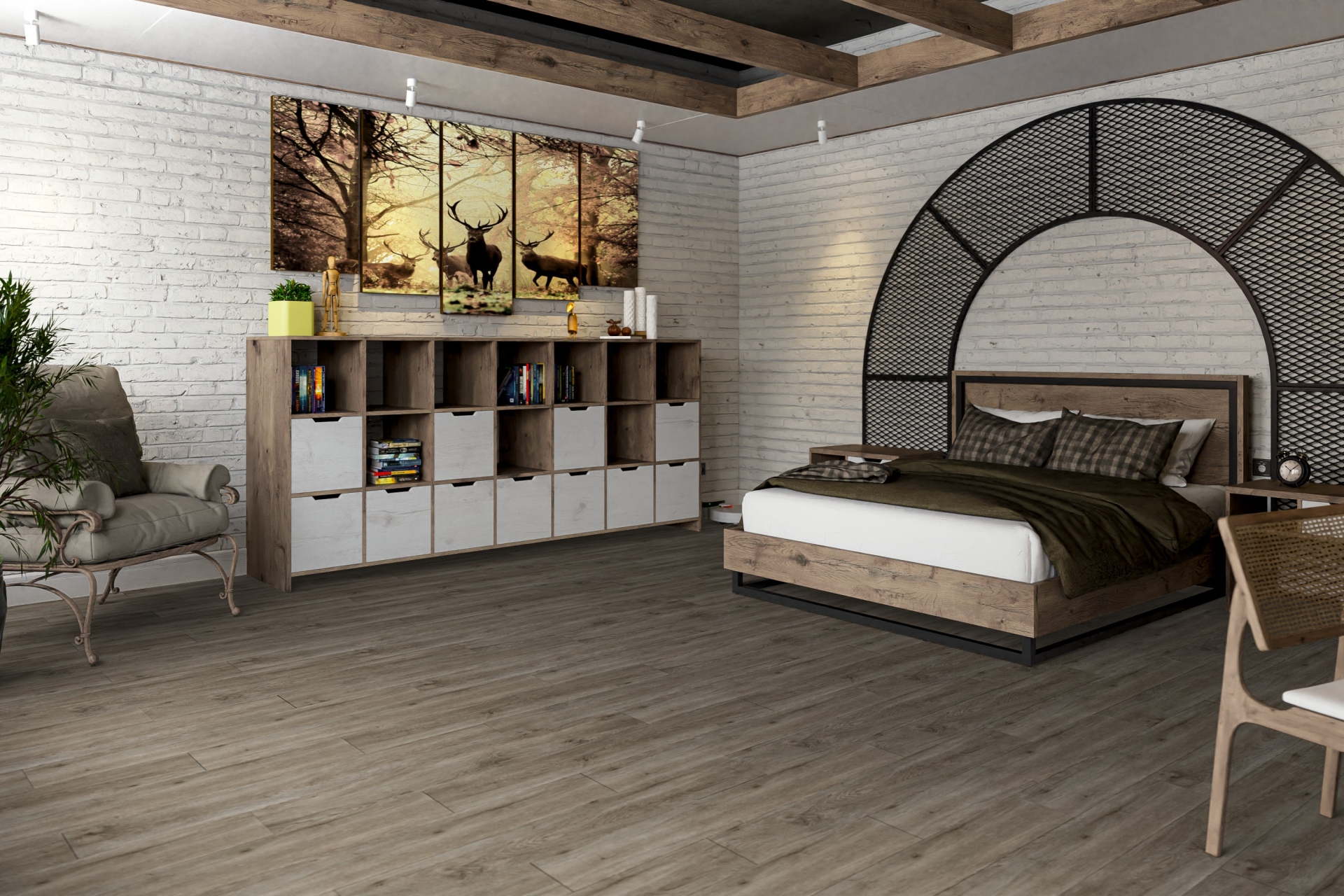 Кварцвиниловый SPC ламинат Damy Floor Family Дуб Горный Mountain Oak TCM298-26 1220×180×4 фото в интерьере