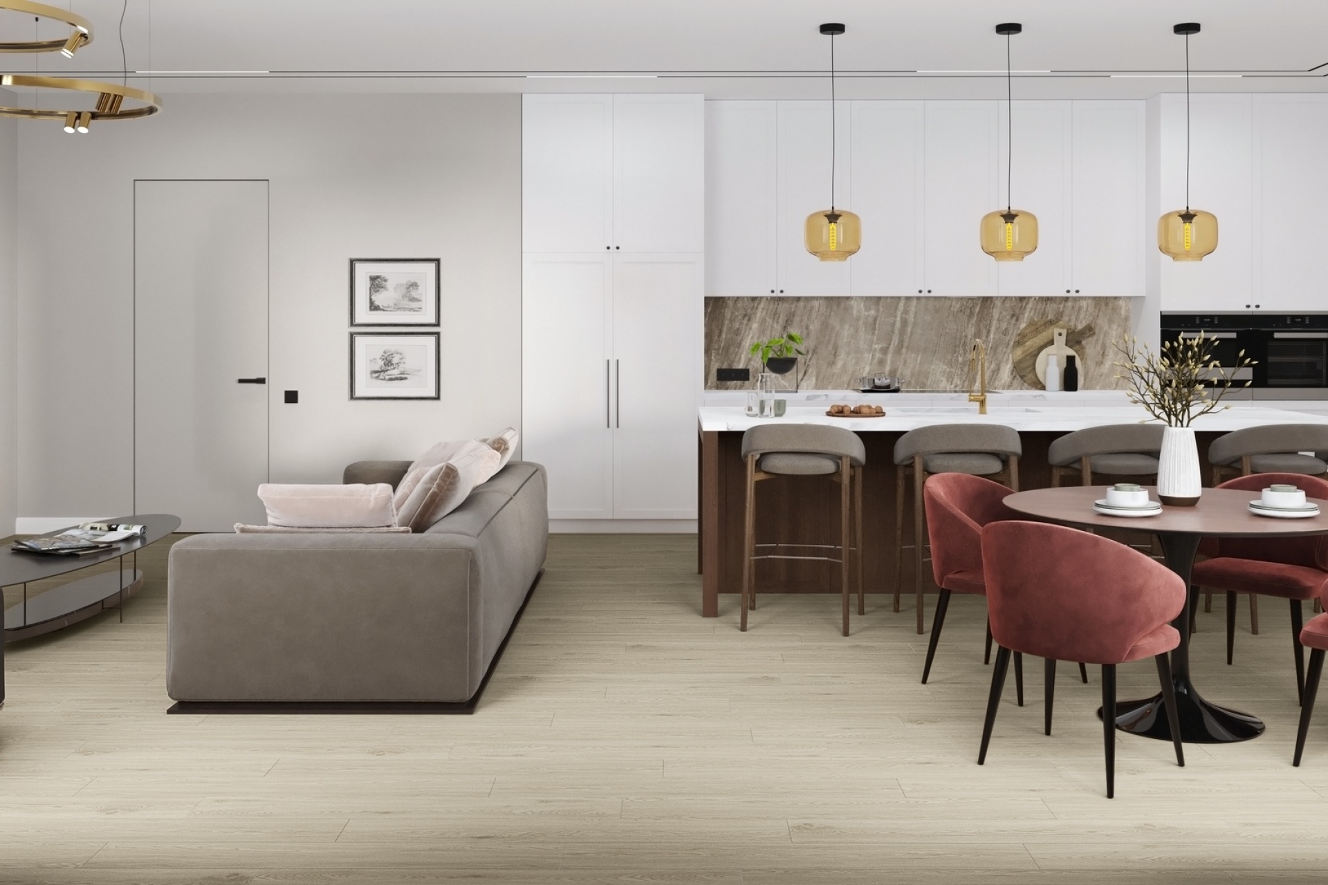 Кварцвиниловый SPC ламинат Damy Floor Family Дуб Светлый Light Oak TCM285-15 1220×180×4 фото в интерьере