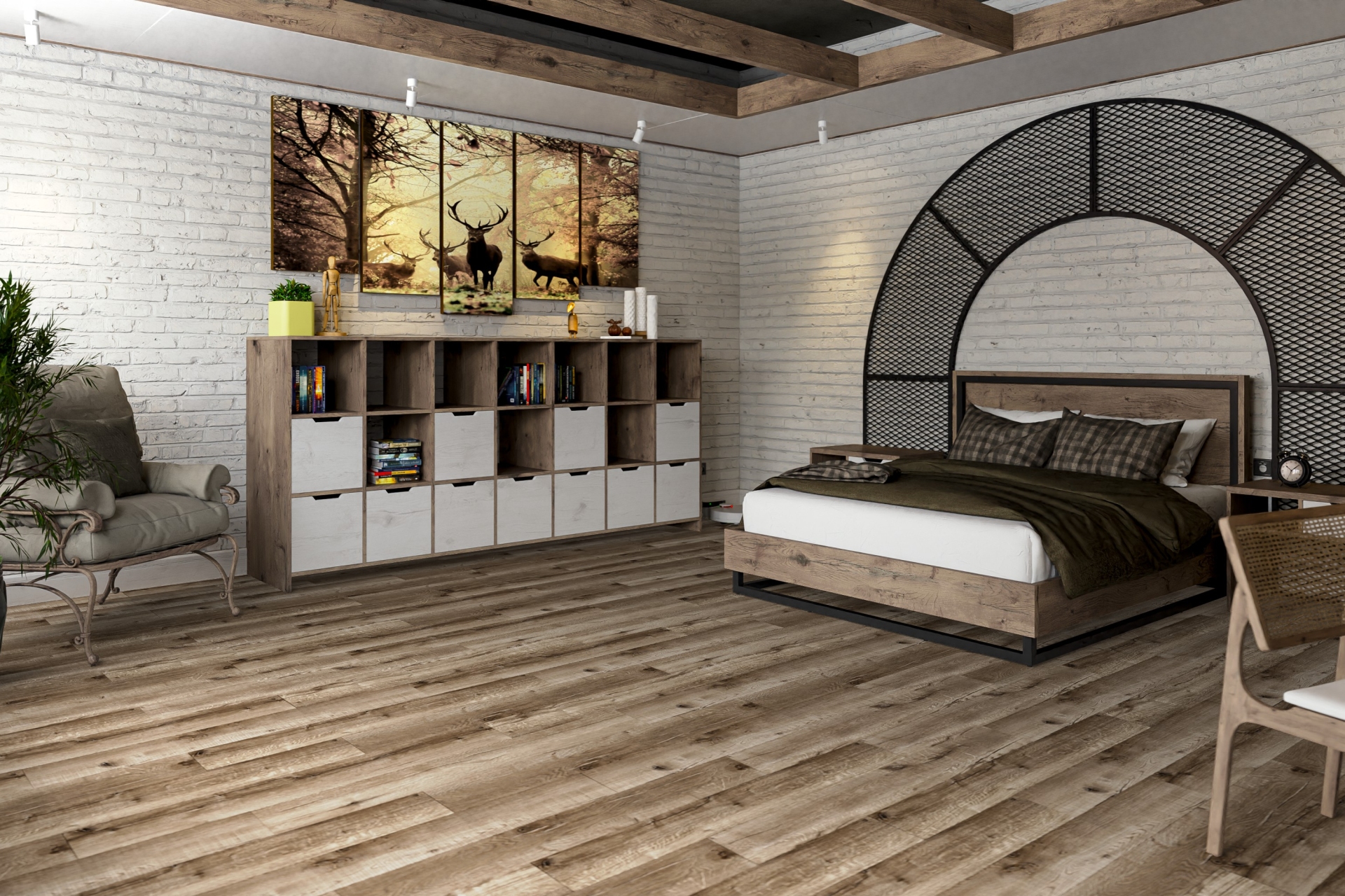 Кварцвиниловый SPC ламинат Damy Floor Family Дуб Изысканный Exquisite Oak JC8271-7 1220×180×4 фото в интерьере