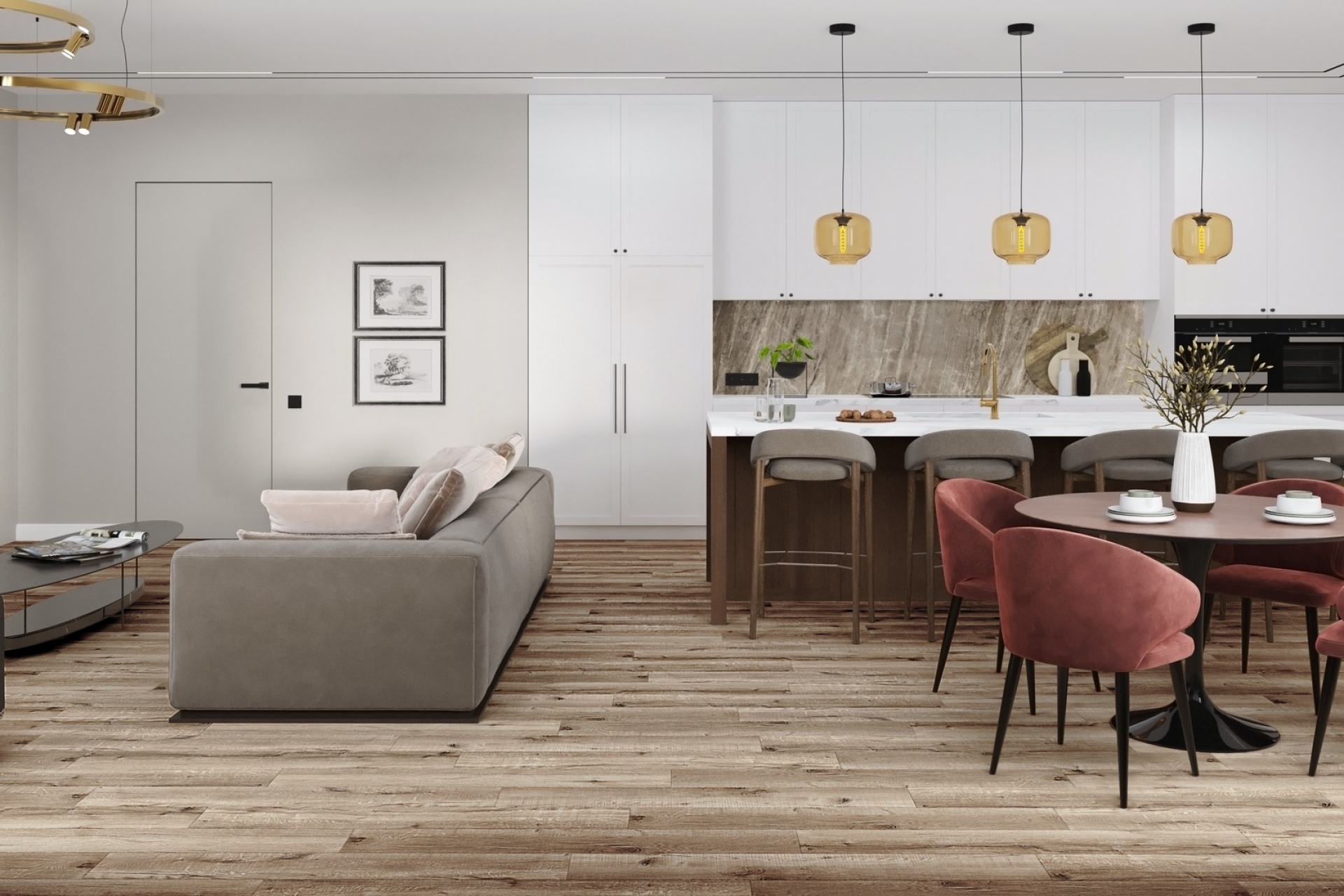 Кварцвиниловый SPC ламинат Damy Floor Family Дуб Изысканный Exquisite Oak JC8271-7 1220×180×4 фото в интерьере