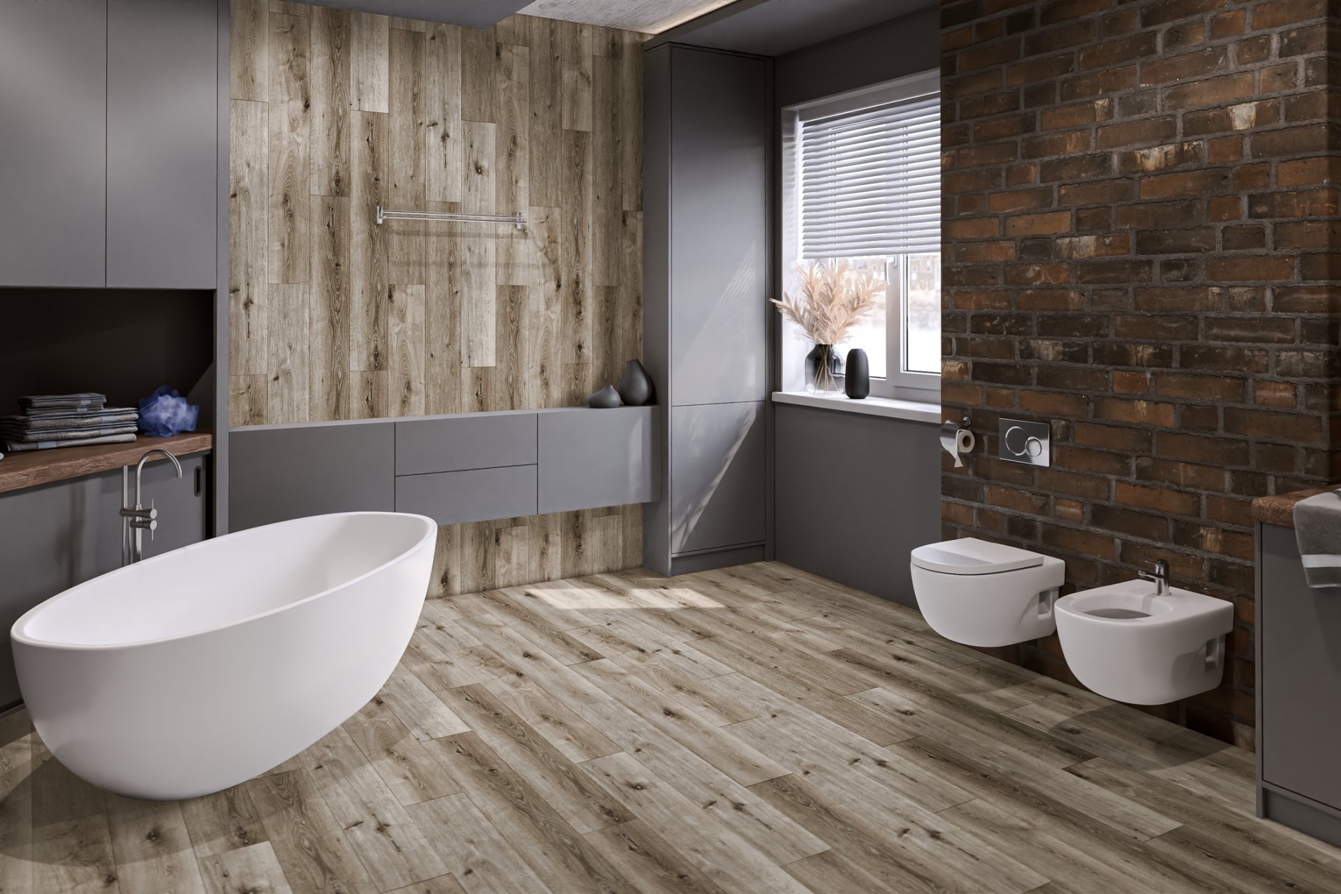 Кварцвиниловый SPC ламинат Damy Floor Family Дуб Лофт Loft Oak 1508-1 1220×180×4 фото в интерьере