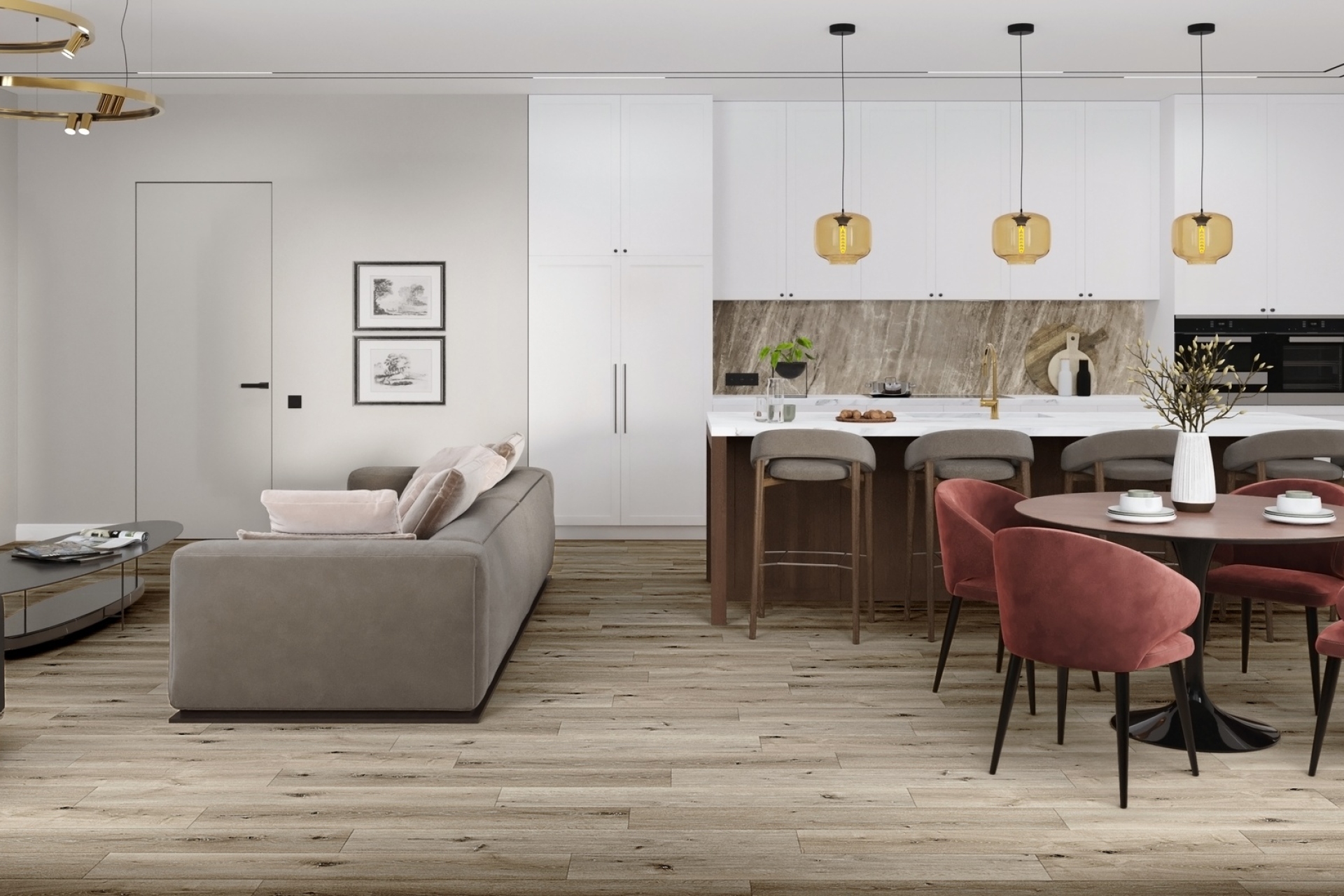 Кварцвиниловый SPC ламинат Damy Floor Family Дуб Лофт Loft Oak 1508-1 1220×180×4 фото в интерьере
