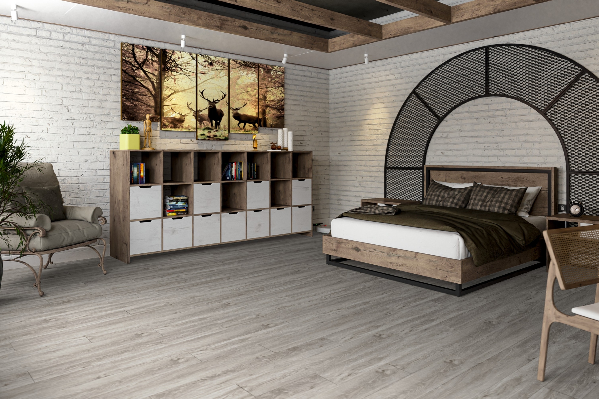 Кварцвиниловый SPC ламинат Damy Floor Family Дуб Английский English Oak SL3683-6 1220×180×4 фото в интерьере