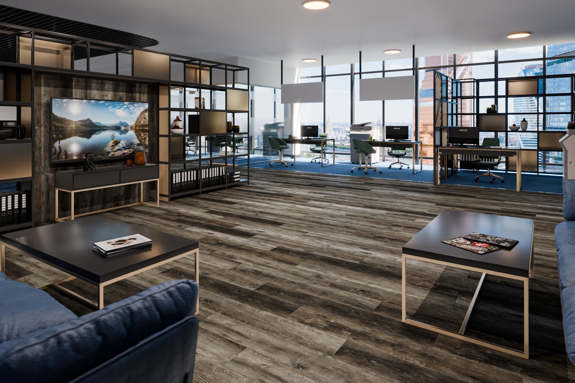 Кварцвиниловая плитка Damy Floor клеевая Family LVT Дуб Рустикальный Черный Rustic Black Oak TCM369-7-LVT 1227×187×2,5 фото в интерьере