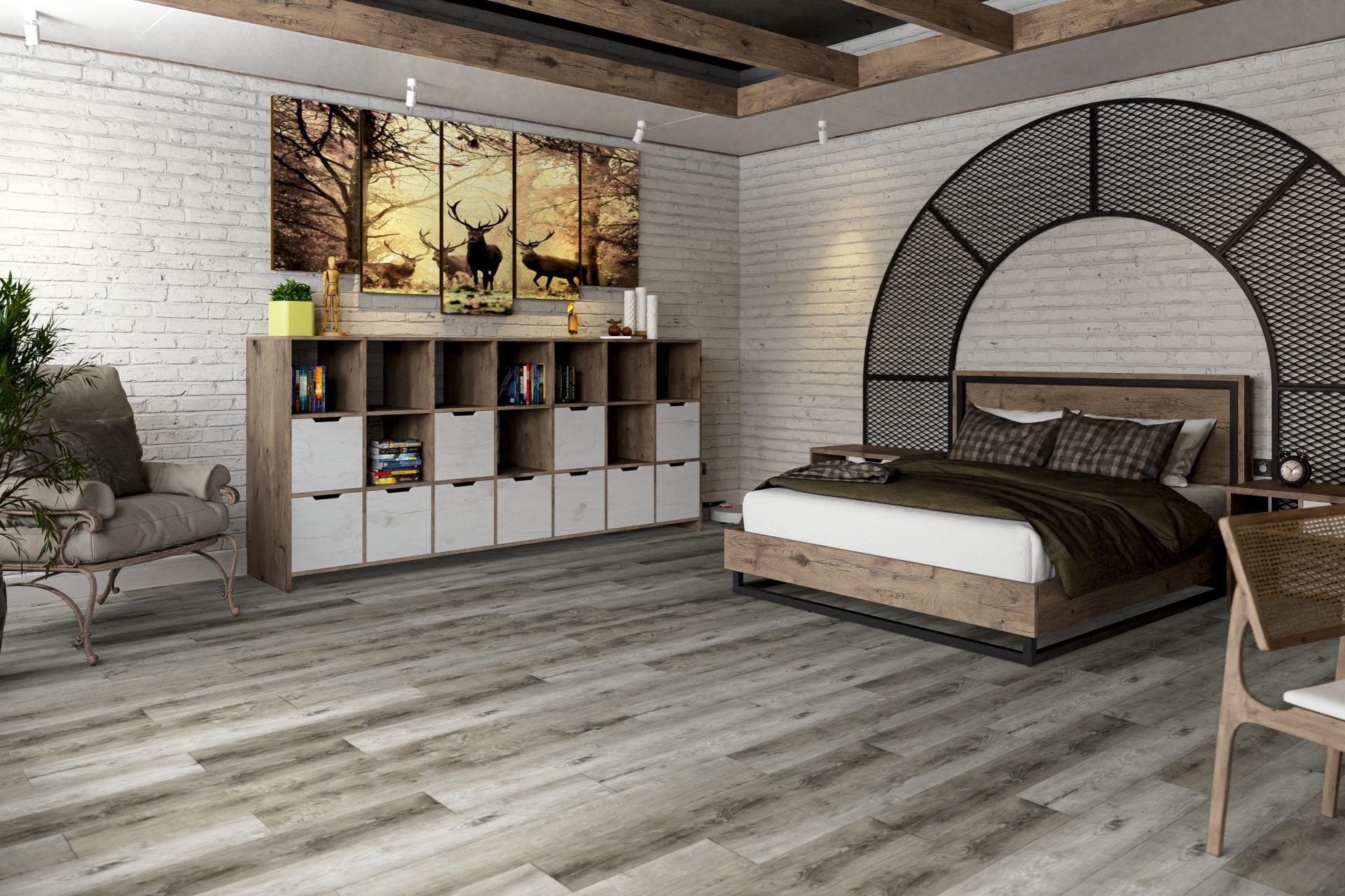 Кварцвиниловый SPC ламинат Damy Floor Family Дуб Рустикальный Cерый Rustic Gray Oak TCM369-28 1220×180×4 фото в интерьере