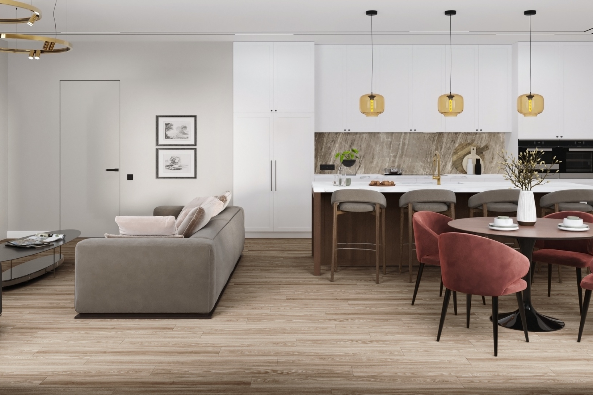 Кварцвиниловая плитка Damy Floor клеевая Family LVT Дуб Селект Select Oak 001-2-LVT 1227×187×2,5 фото в интерьере