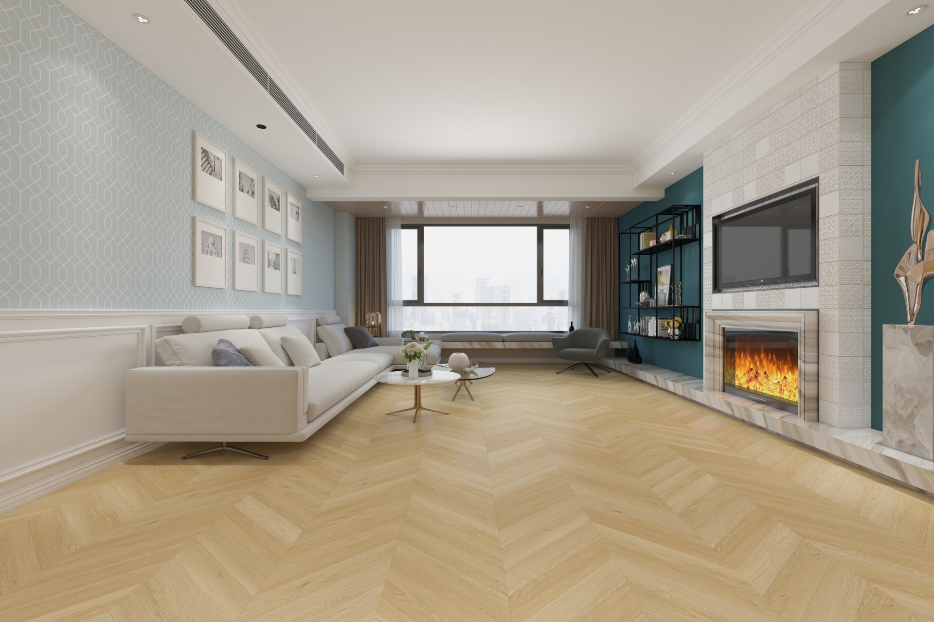 Кварцвиниловый SPC ламинат Damy Floor Chevron Тюильри Tuileries DF03-Ch французская елка 600×127×5 фото в интерьере