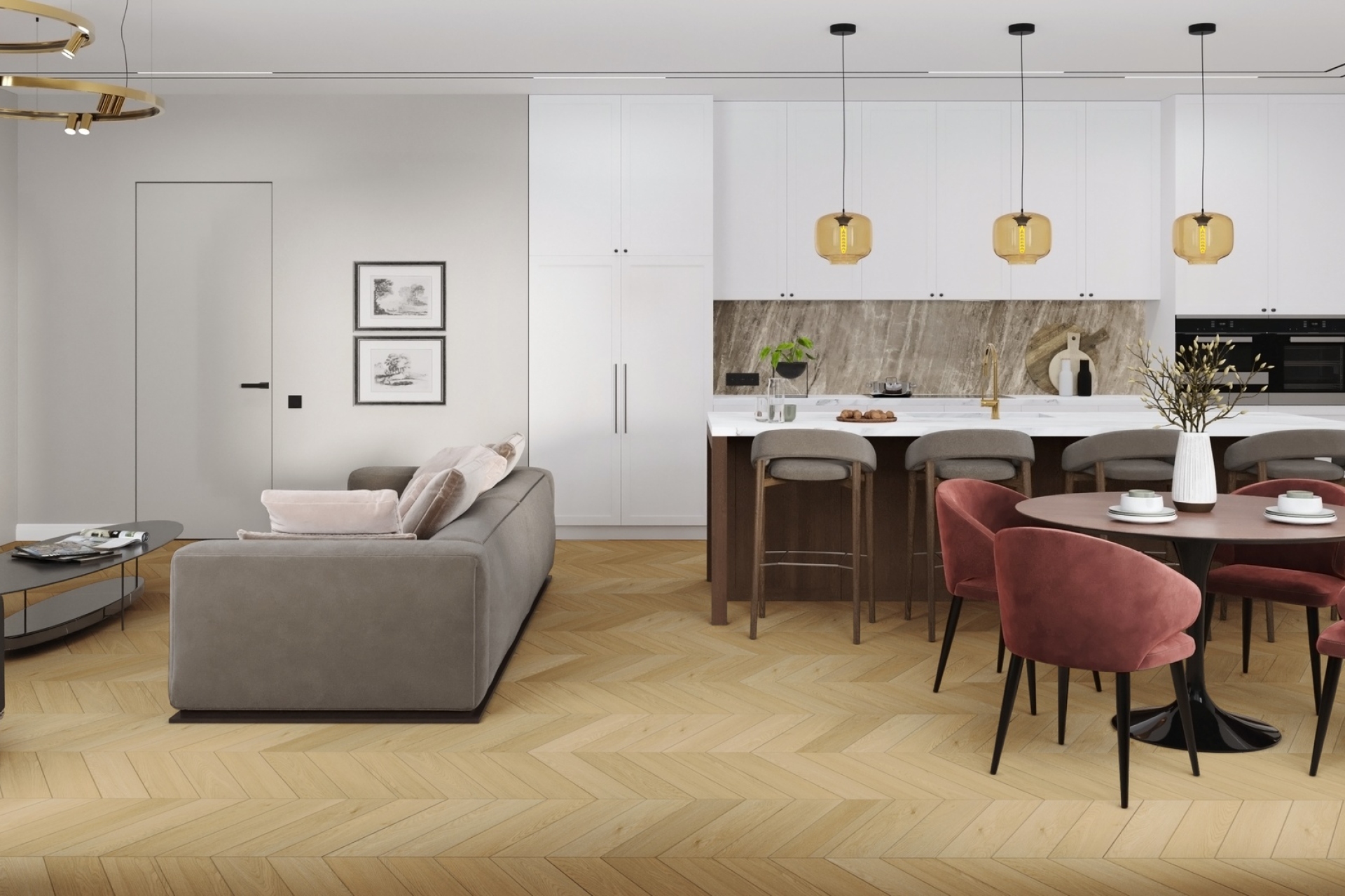 Кварцвиниловый SPC ламинат Damy Floor Chevron Тюильри Tuileries DF03-Ch французская елка 600×127×5 фото в интерьере