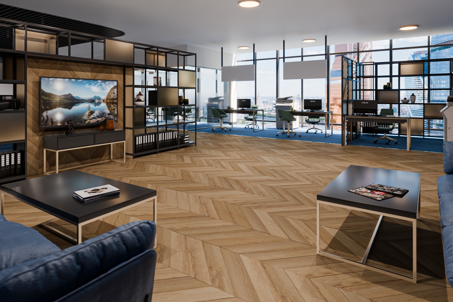 Кварцвиниловый SPC ламинат Damy Floor Chevron Лувр Louvre DF04-Ch французская елка 600×127×5 фото в интерьере