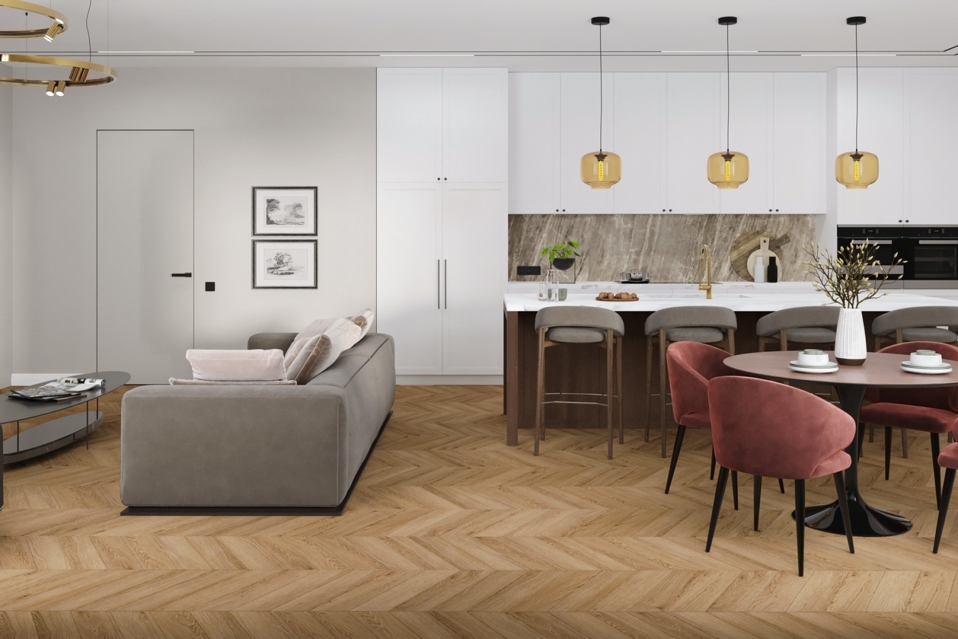 Кварцвиниловый SPC ламинат Damy Floor Chevron Лувр Louvre DF04-Ch французская елка 600×127×5 фото в интерьере