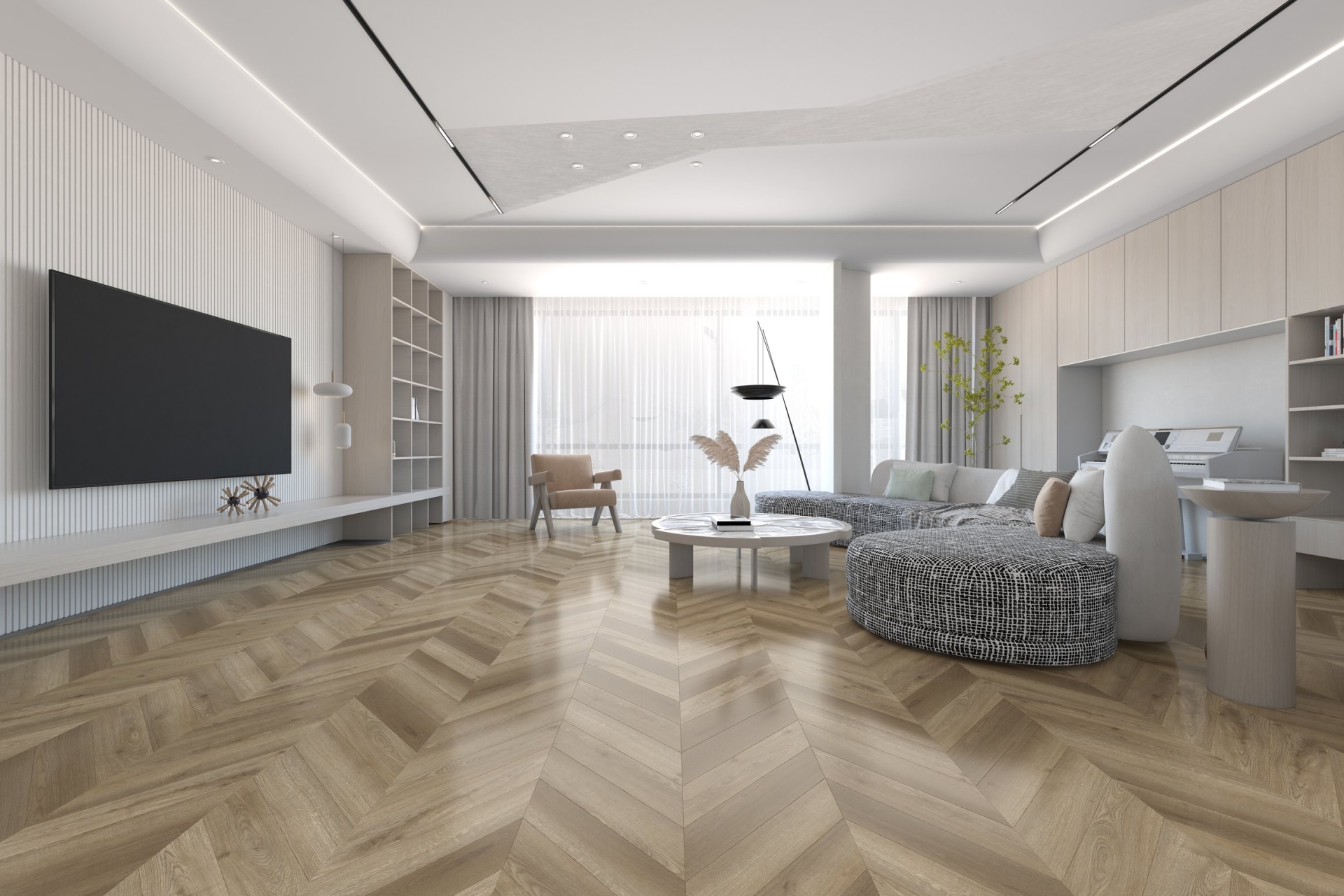 Кварцвиниловый SPC ламинат Damy Floor Chevron Сен-Жермен Saint-Germain DF05-Ch французская елка 600×127×5 фото в интерьере