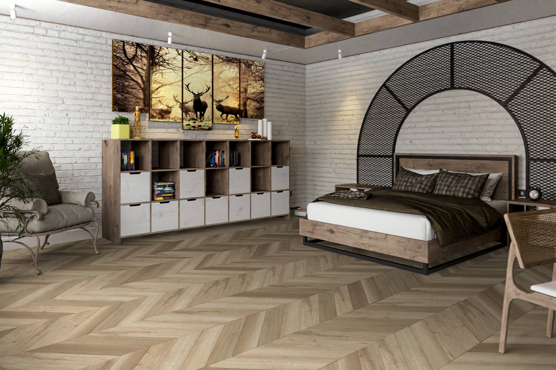 Кварцвиниловый SPC ламинат Damy Floor Chevron Сен-Жермен Saint-Germain DF05-Ch французская елка 600×127×5 фото в интерьере