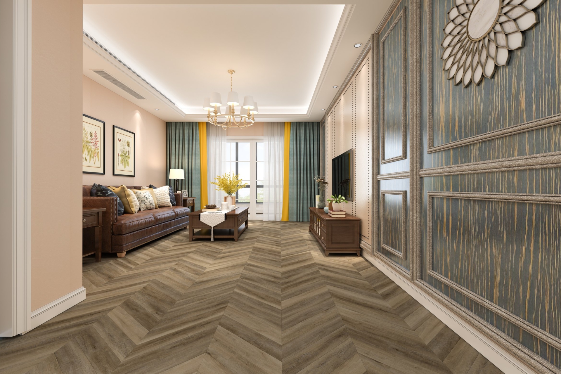 Кварцвиниловый SPC ламинат Damy Floor Chevron Амбуаз Amboise DF06-Ch французская елка 600×127×5 фото в интерьере