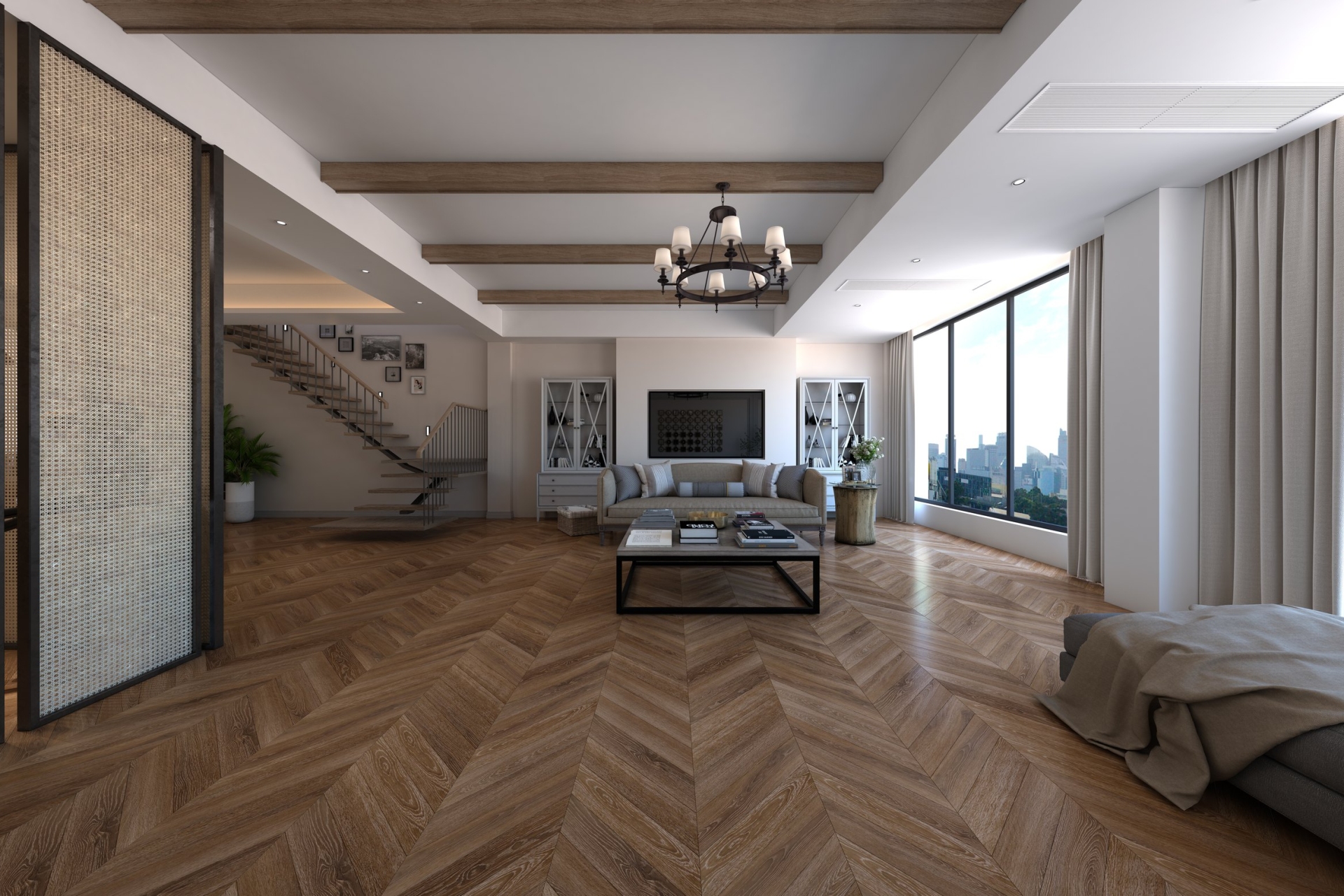 Кварцвиниловый SPC ламинат Damy Floor Chevron Шайо Chaillot DF07-Ch французская елка 600×127×5 фото в интерьере