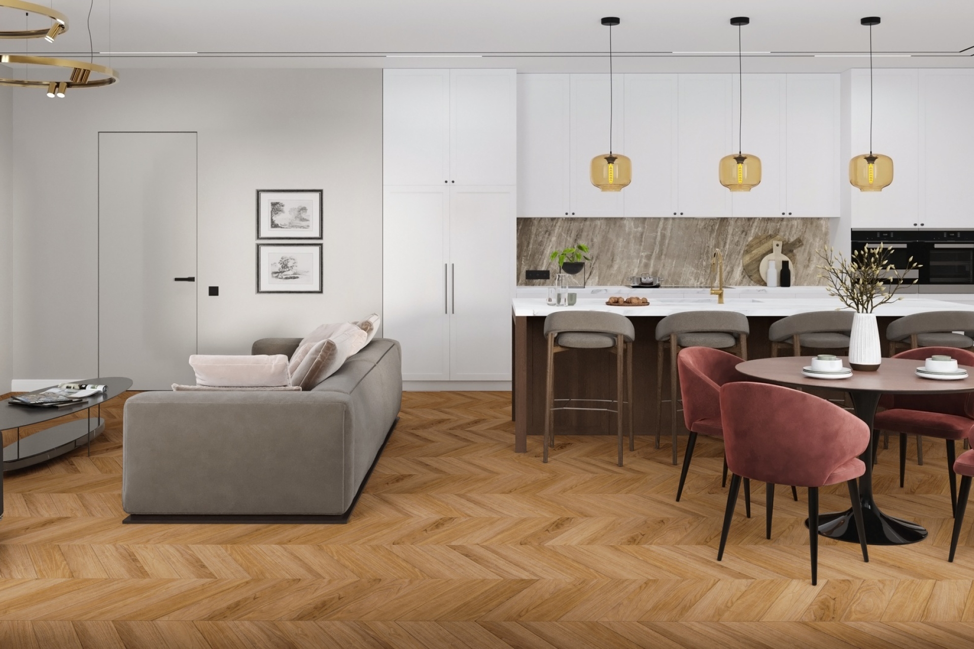 Кварцвиниловый SPC ламинат Damy Floor Chevron Монсоро Montsoreau DF09-Ch французская елка 600×127×5 фото в интерьере