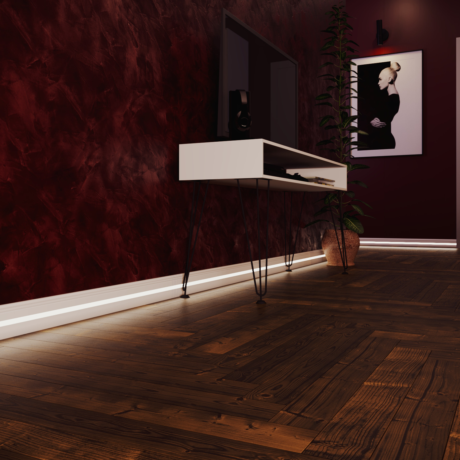 Плинтус МДФ под покраску Evrowood PN 040 Led с подсветкой 2000×80×16 фото в интерьере