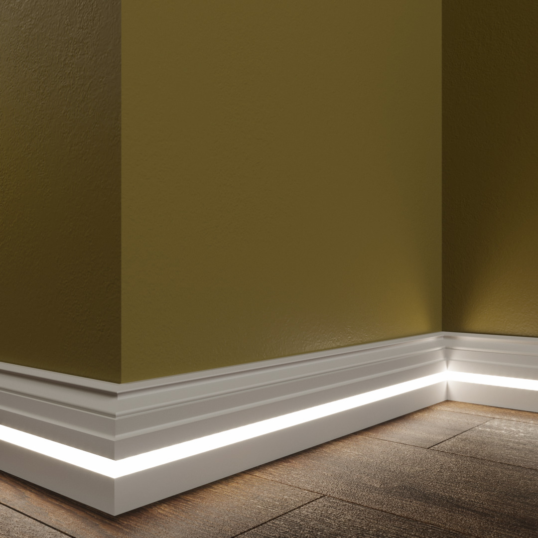 Плинтус МДФ под покраску с подсветкой Evrowood PN 090 Led 2000×100×18 фото в интерьере