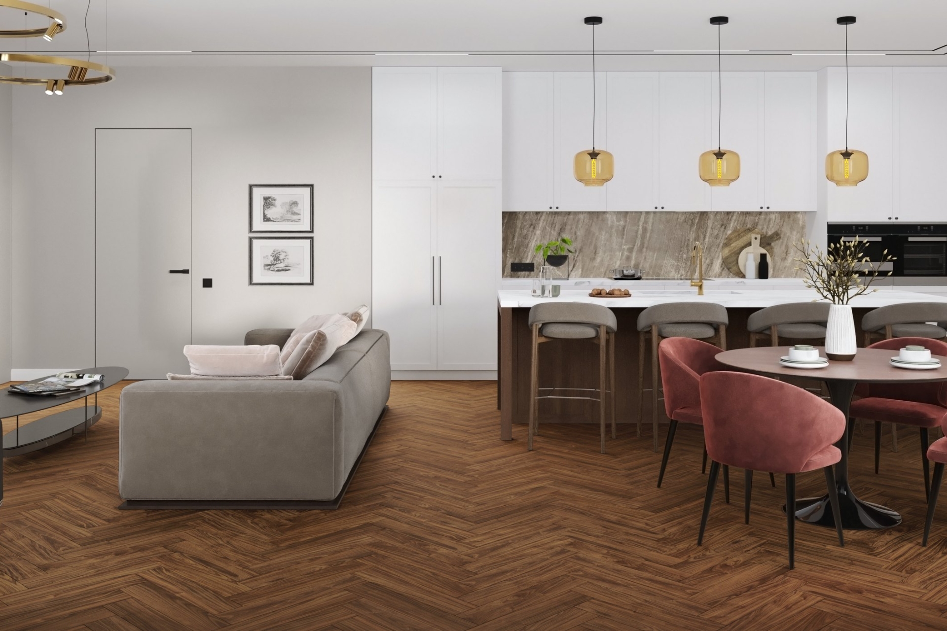 Кварцвиниловый SPC ламинат Damy Floor London Дерби Derby 0036-1 венгерская елка 615×123×4 фото в интерьере