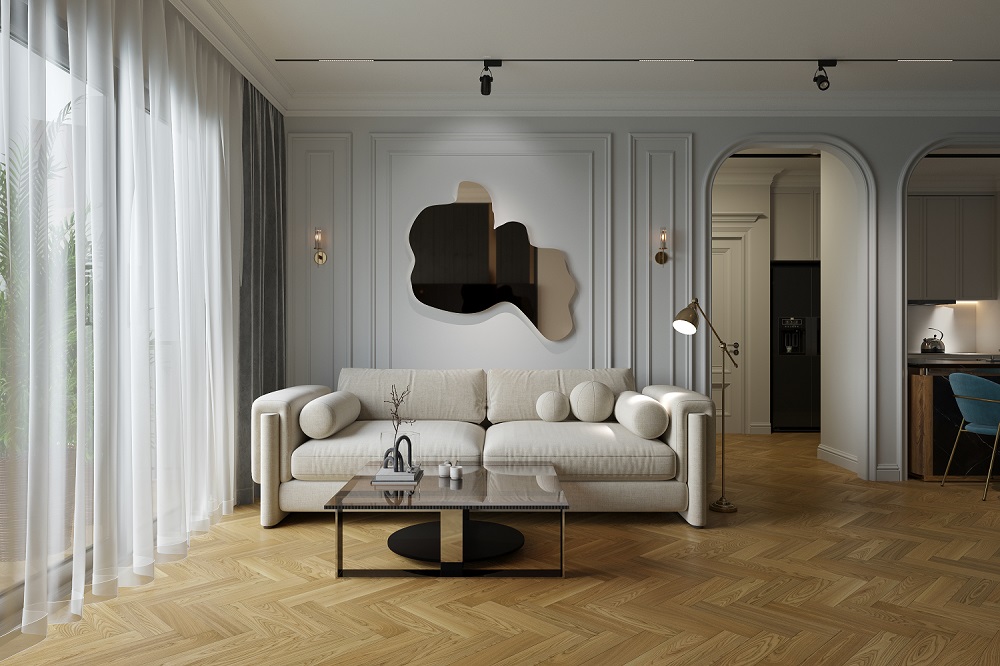 Композитная паркетная доска Quartz Parquet Штучный паркет Вяз Кенигсберг 44-550-62 венгерская елка 400×100×5 фото в интерьере