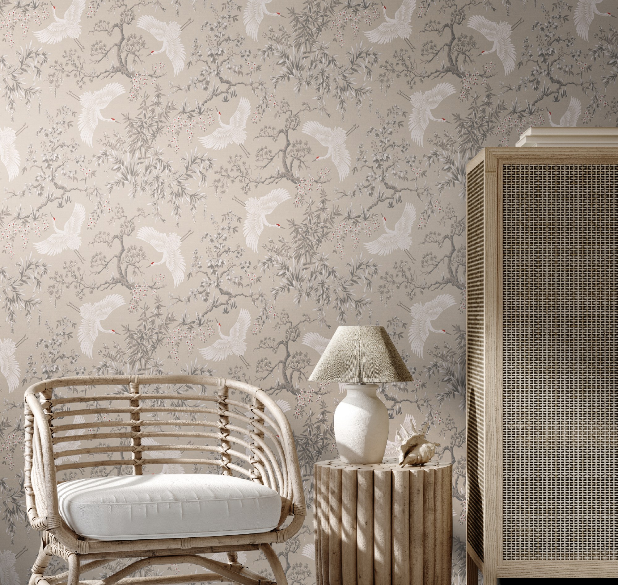 Обои Milassa Сканди Дзен Тысяча журавлей JA1 002 10,05×1 фото в интерьере