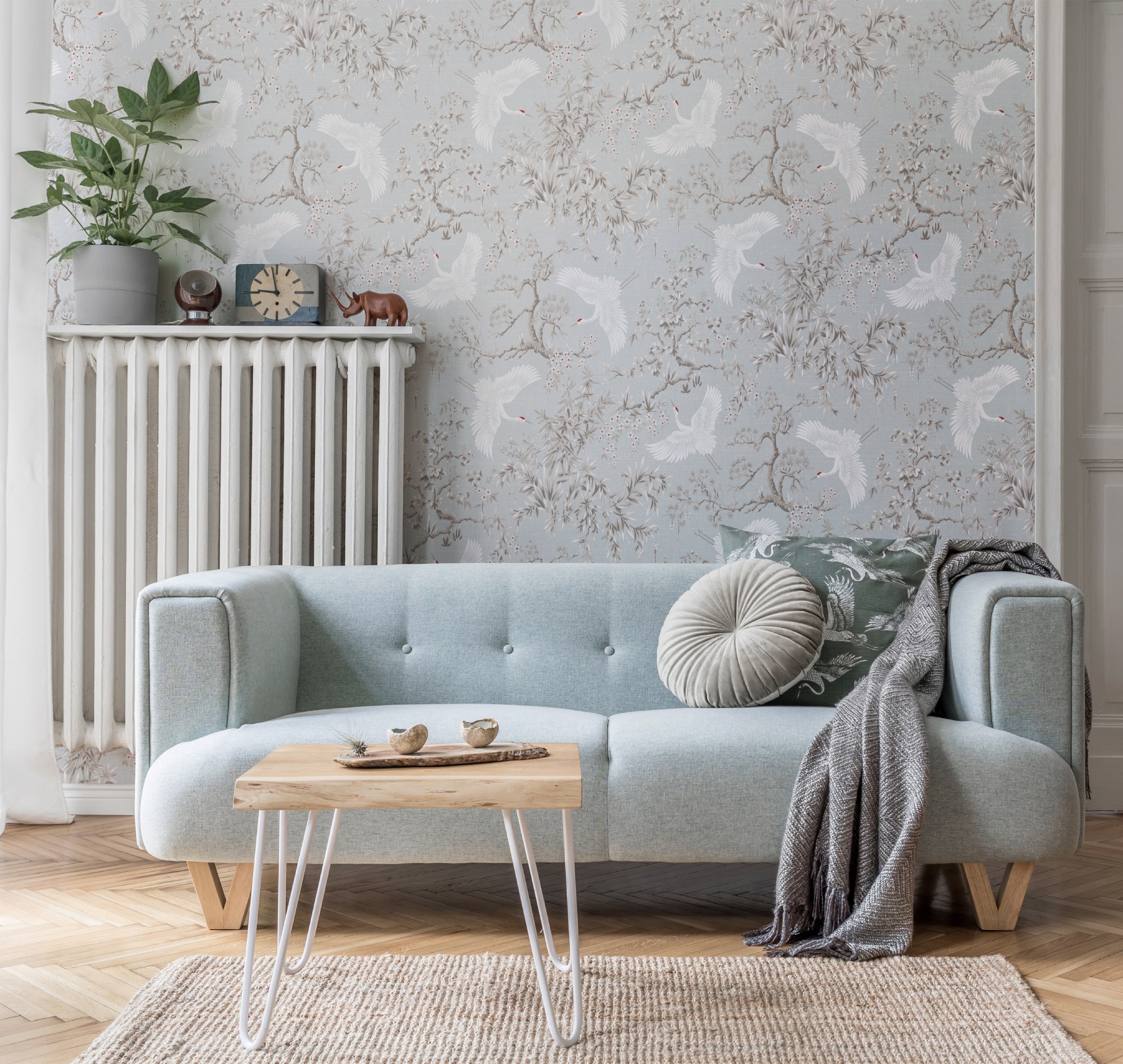 Обои Milassa Сканди Дзен Тысяча журавлей JA1 006 10,05×1 фото в интерьере