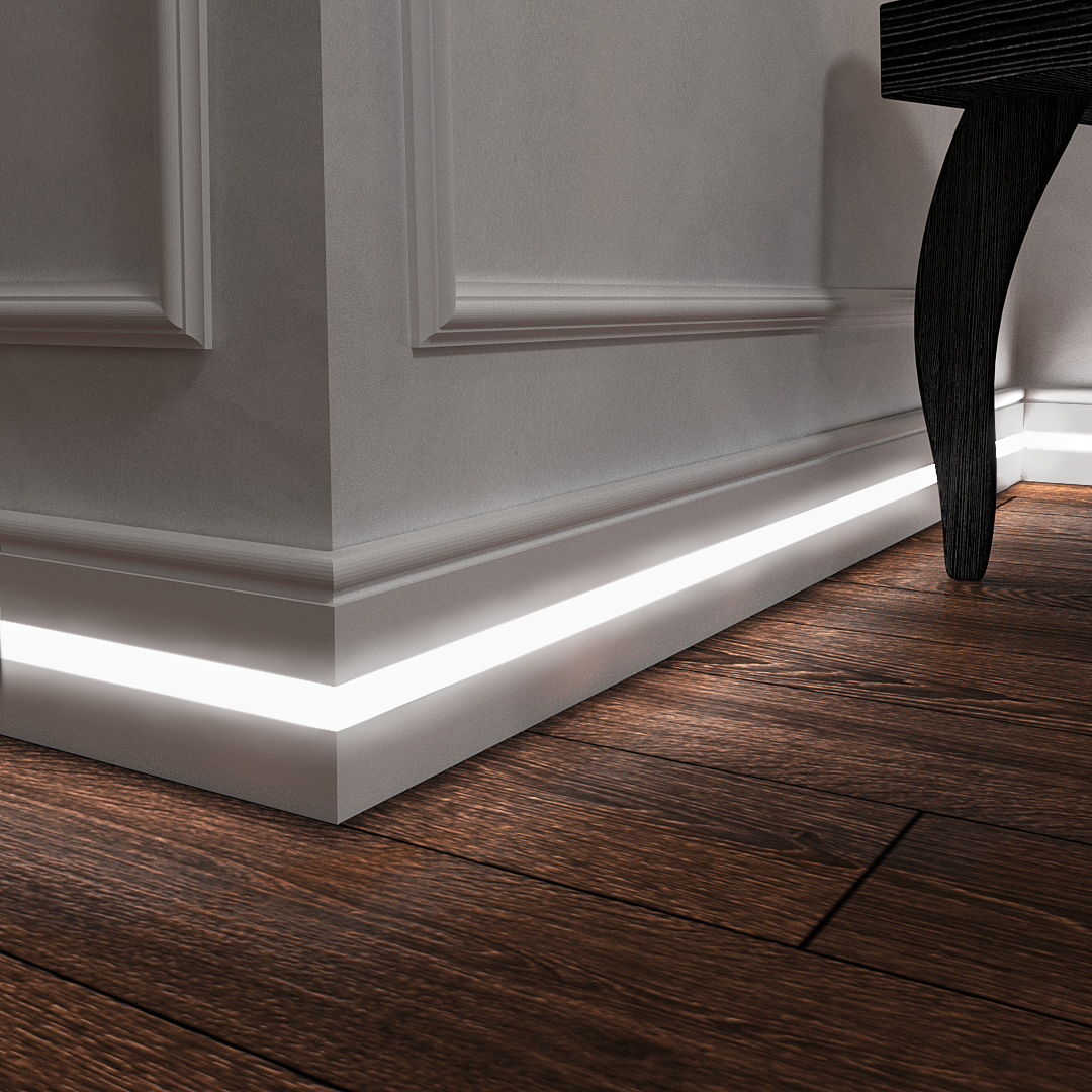 Плинтус МДФ под покраску Evrowood PN 030 Led с подсветкой 2000×80×16 фото в интерьере