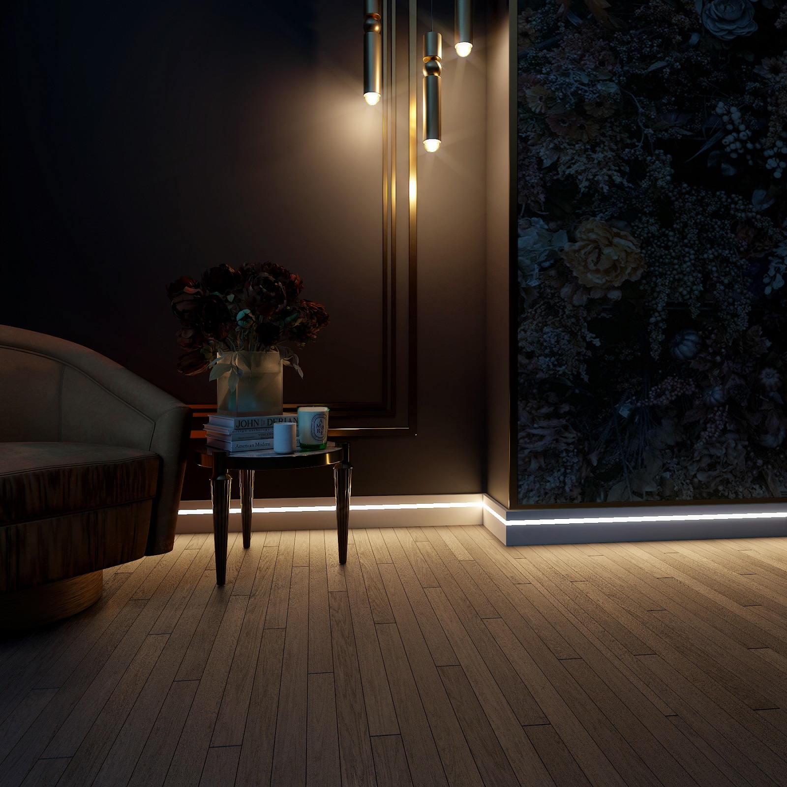 Плинтус МДФ под покраску Evrowood PN 101 Led с подсветкой 2000×100×16 фото в интерьере