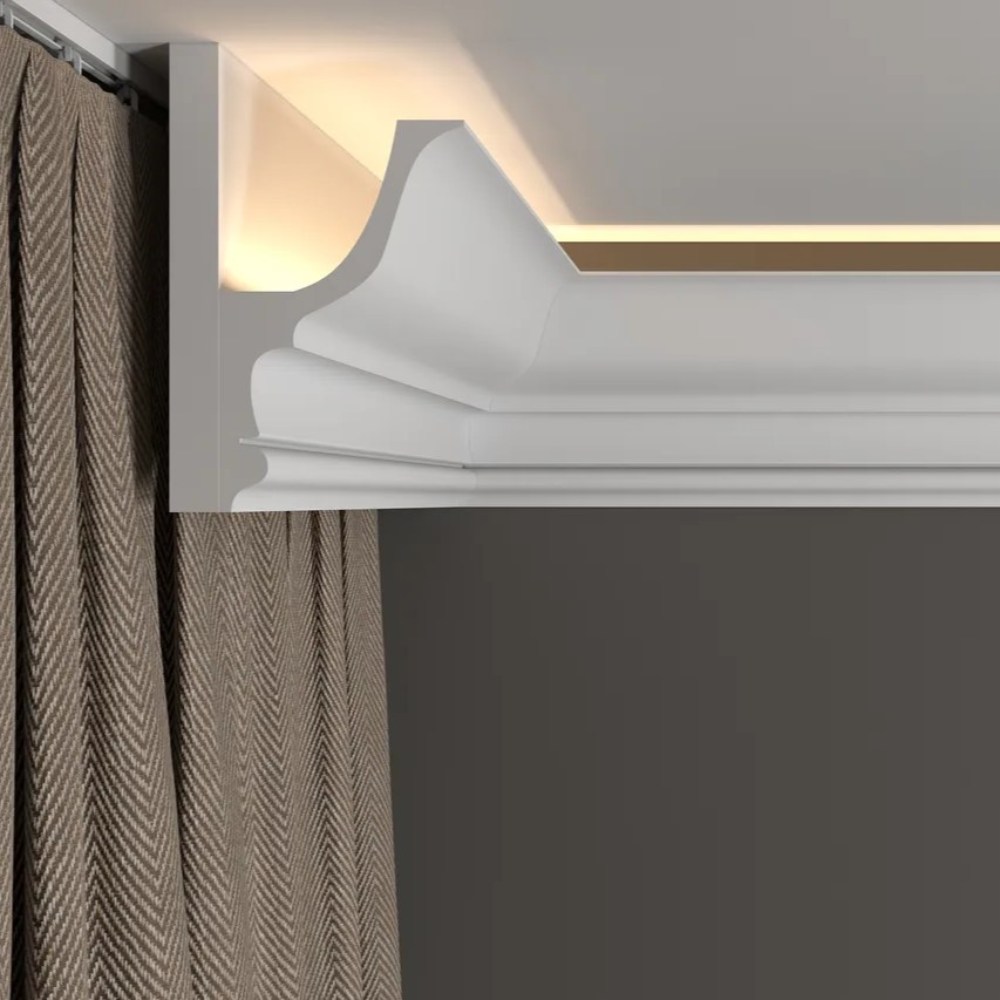 Потолочный плинтус под покраску Decor-Dizayn DD509 с подсветкой 2000×75×120 фото в интерьере