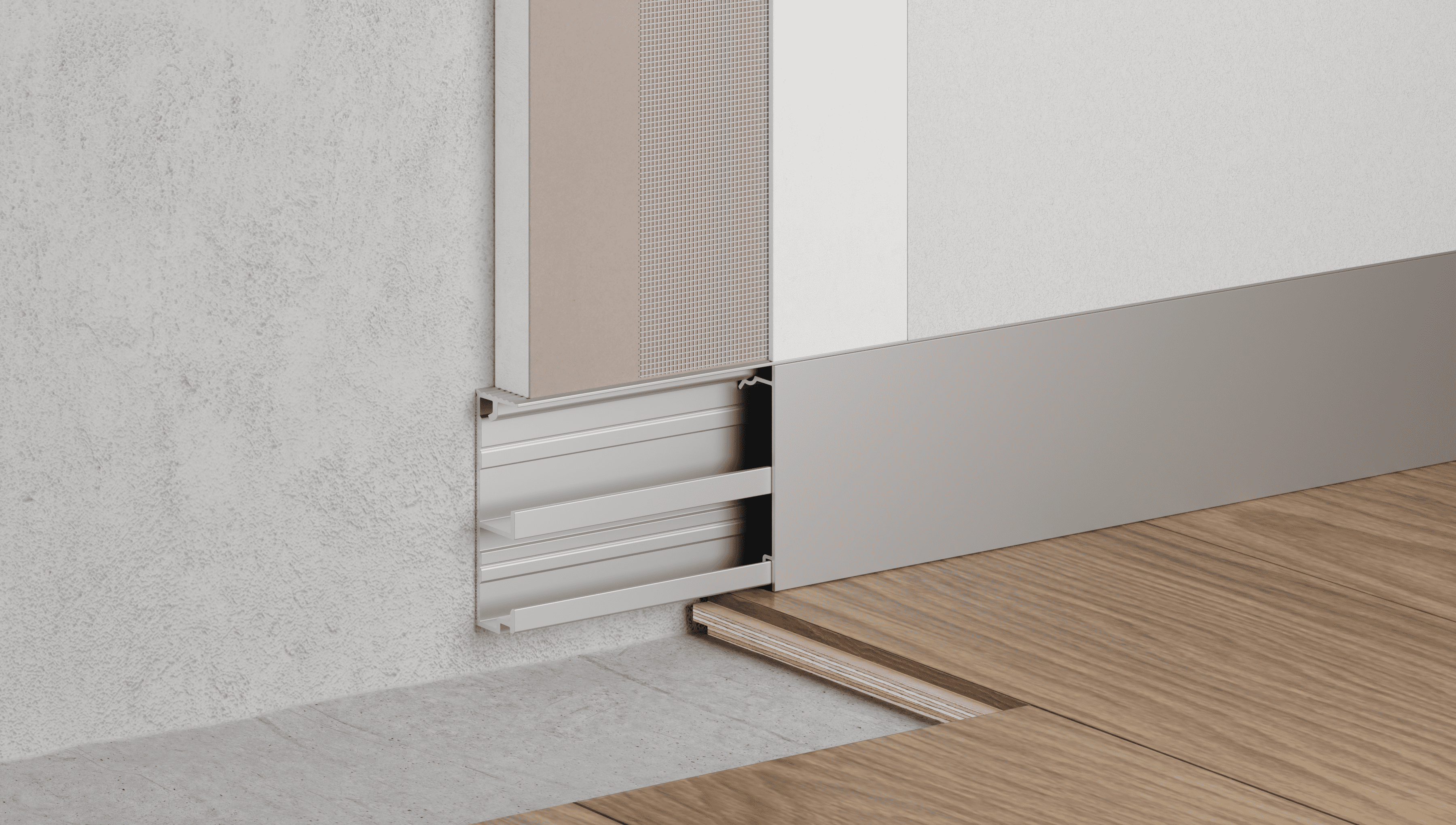 Плинтус алюминиевый скрытый Ликорн Серебристый С-07.3.2 матовый 2500×60,5×15 фото в интерьере