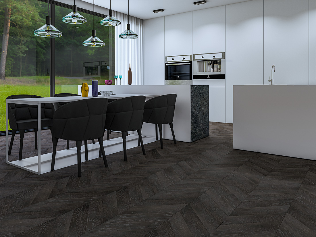 Инженерная доска Gran Parte Дуб Антрацит Antracite 024 натур-классик французская елка 460×110×15 фото в интерьере