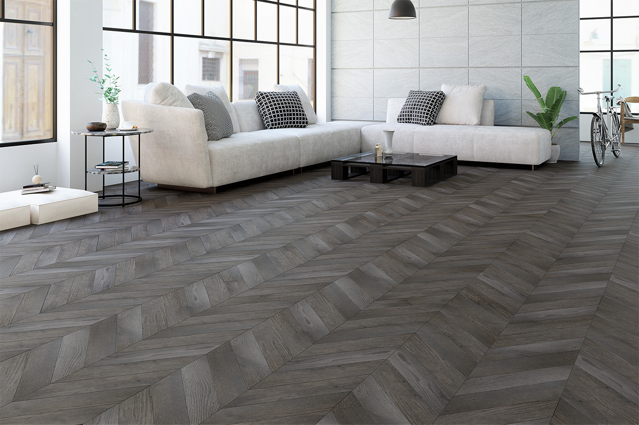 Инженерная доска Gran Parte Дуб Террено Terreno 023 натур-классик французская елка 460×110×15 фото в интерьере