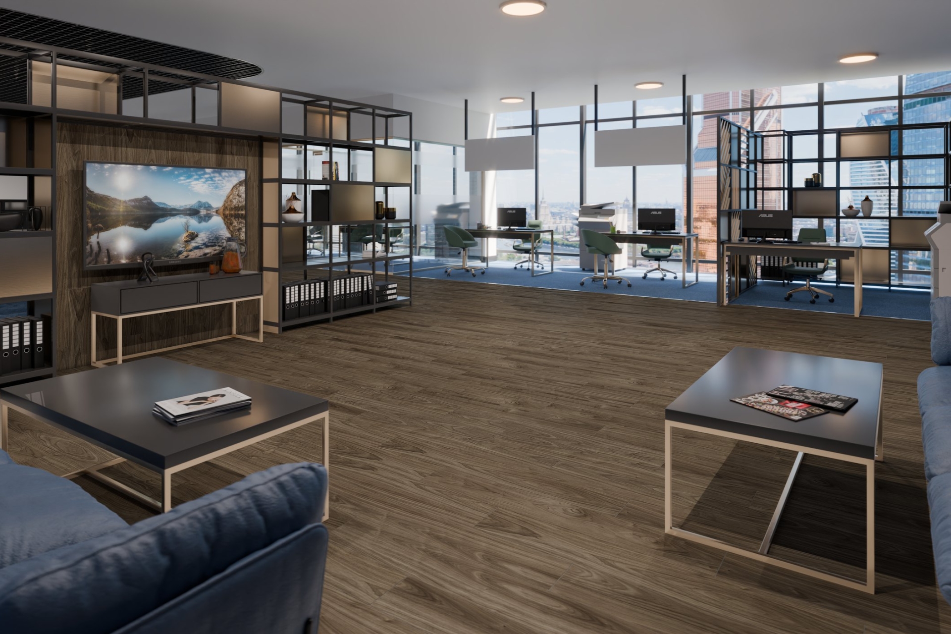 Кварцвиниловый SPC ламинат Damy Floor Family Орех Американский American Walnut 0036-3 1220×180×4 фото в интерьере