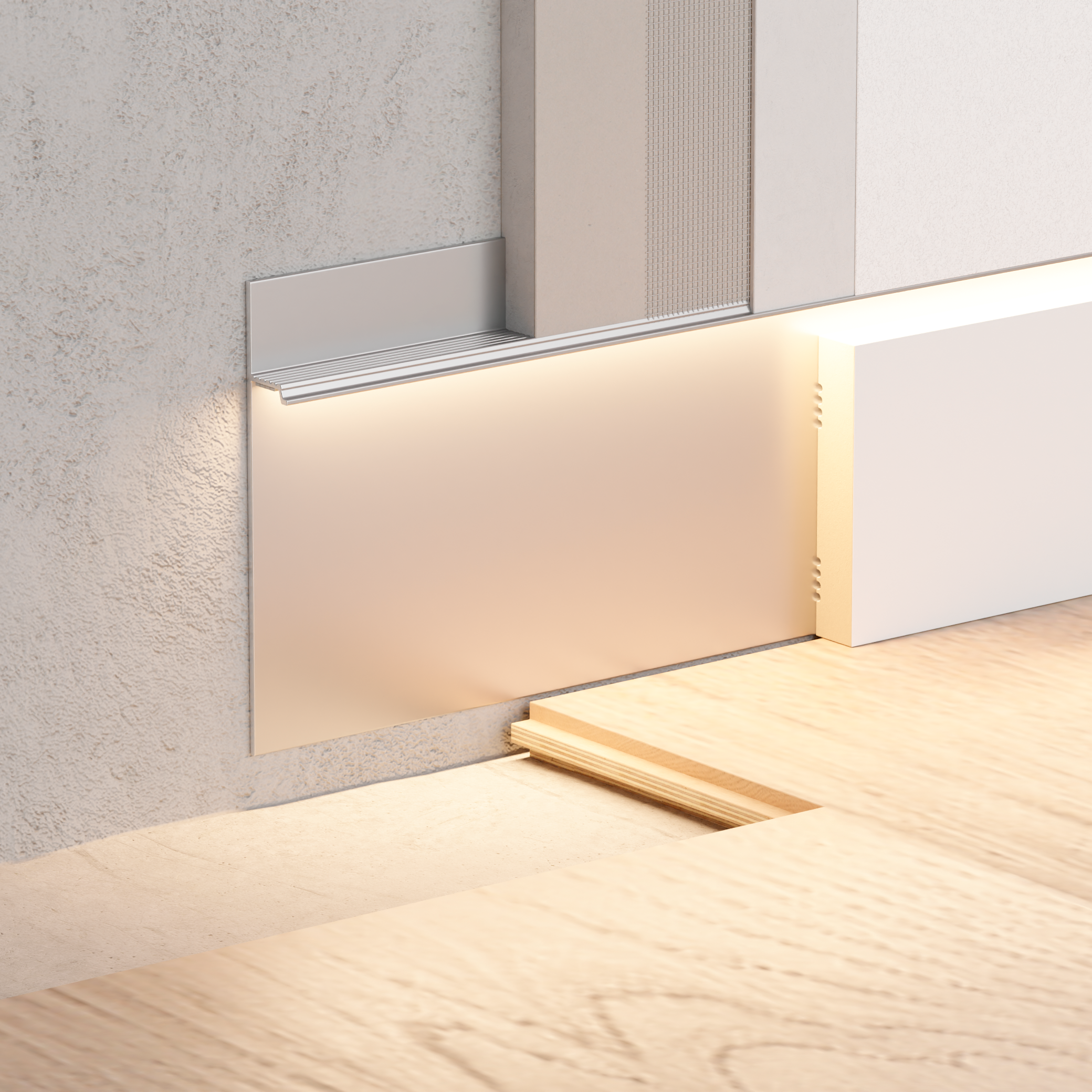 Плинтус алюминиевый скрытый с подсветкой Ликорн Серебристый глянцевый С-01.2.1 2050×104.6×14.5