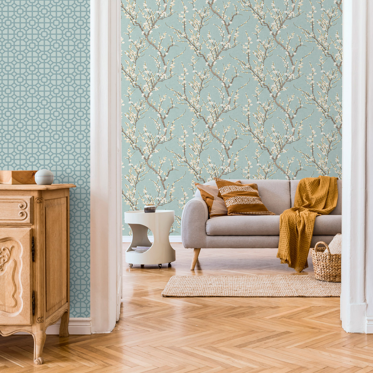 Обои Aura Spring Sakura tree turquoise 1903-1 10,05×0,53 фото в интерьере