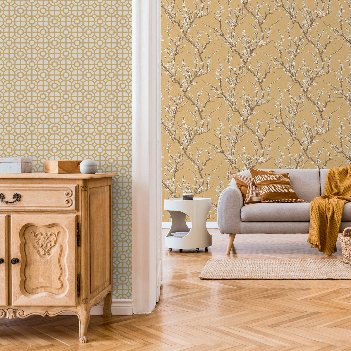 Обои Aura Spring Lattice ocher 1908-2 10,05×0,53 фото в интерьере