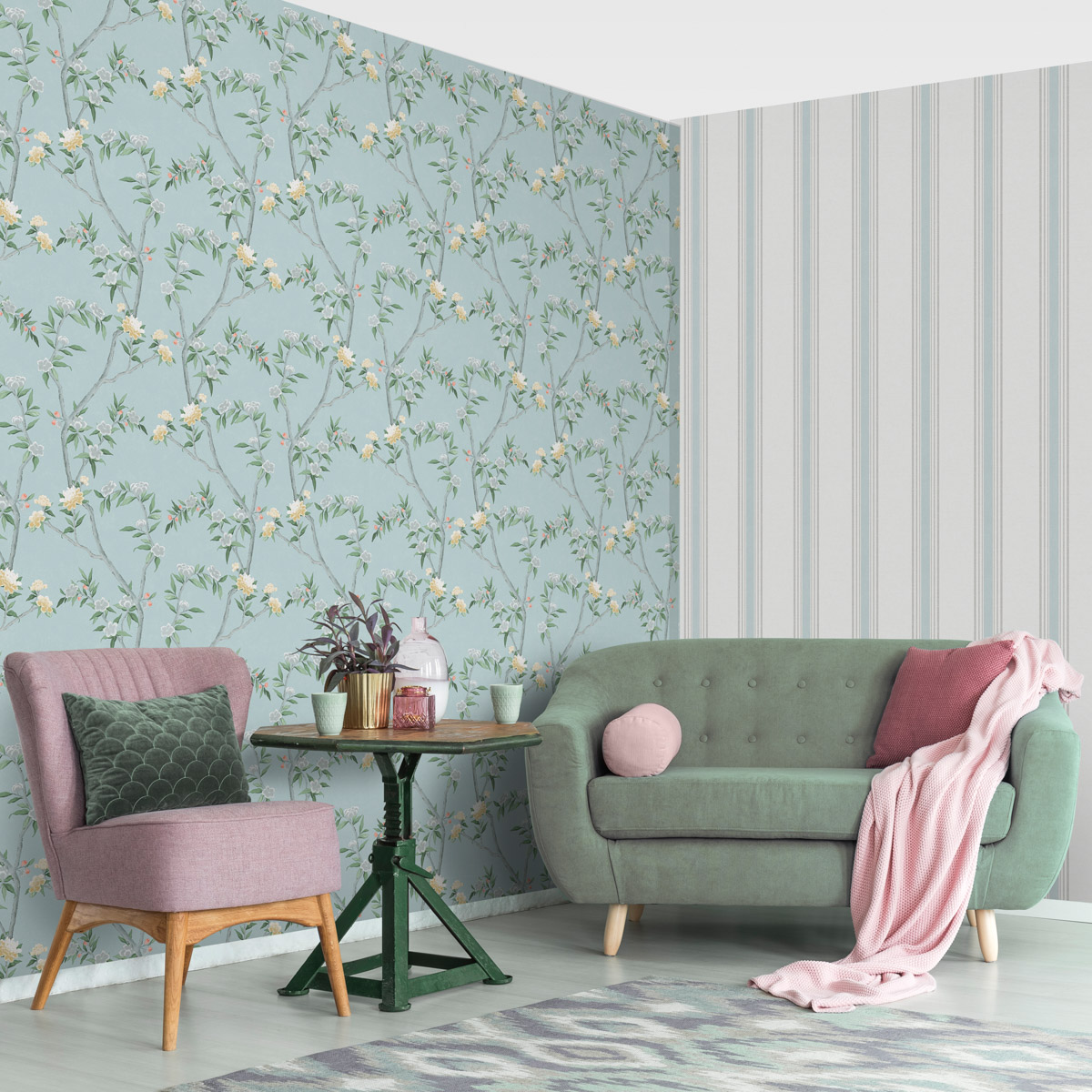 Обои Aura Spring Stripes turquoise 1909-1 10,05×0,53 фото в интерьере