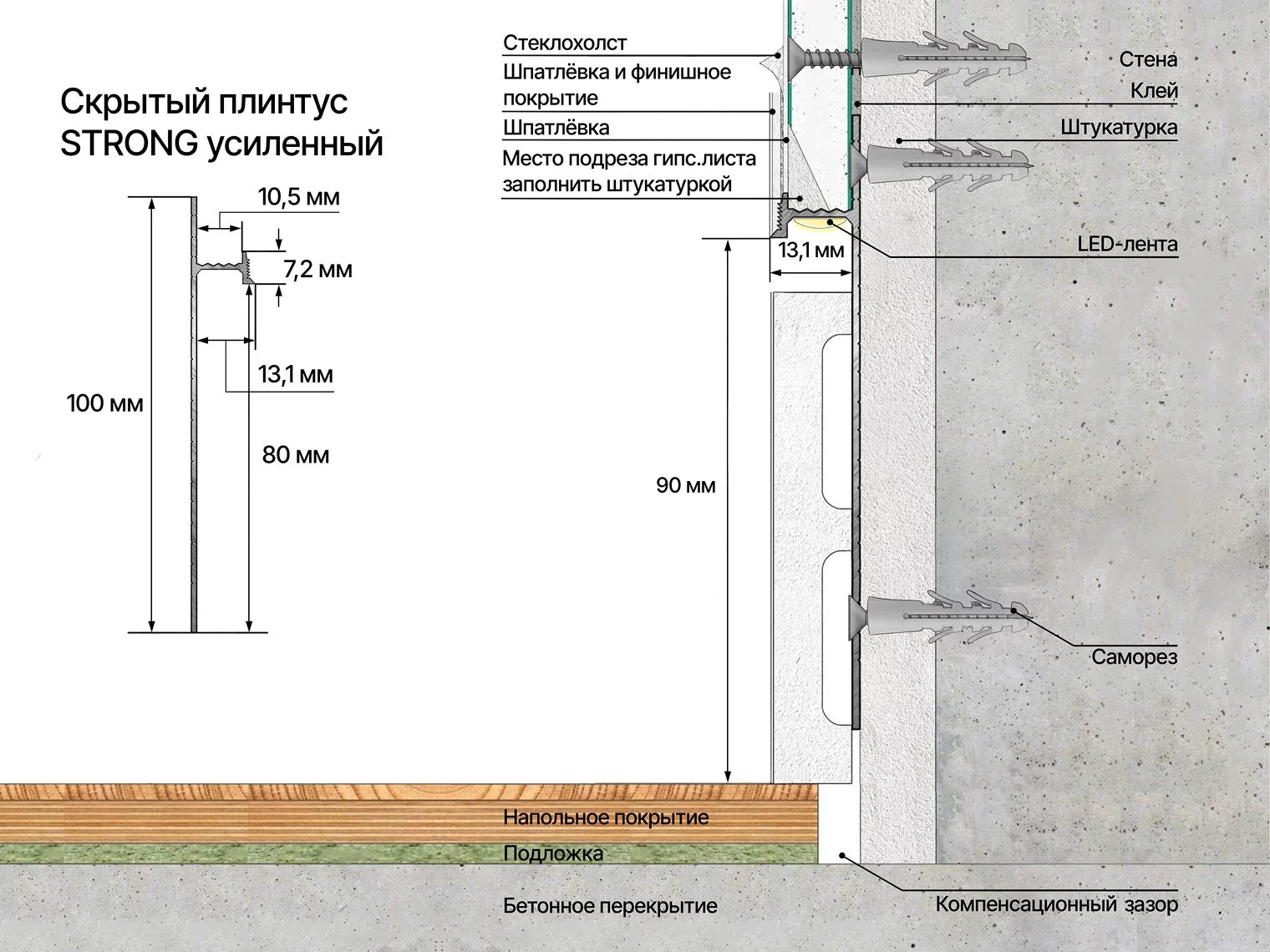 Плинтус алюминиевый скрытый с подсветкой Laconistiq Strong Черный RAL 9005 42-21-300 матовый 3000×80×13,1