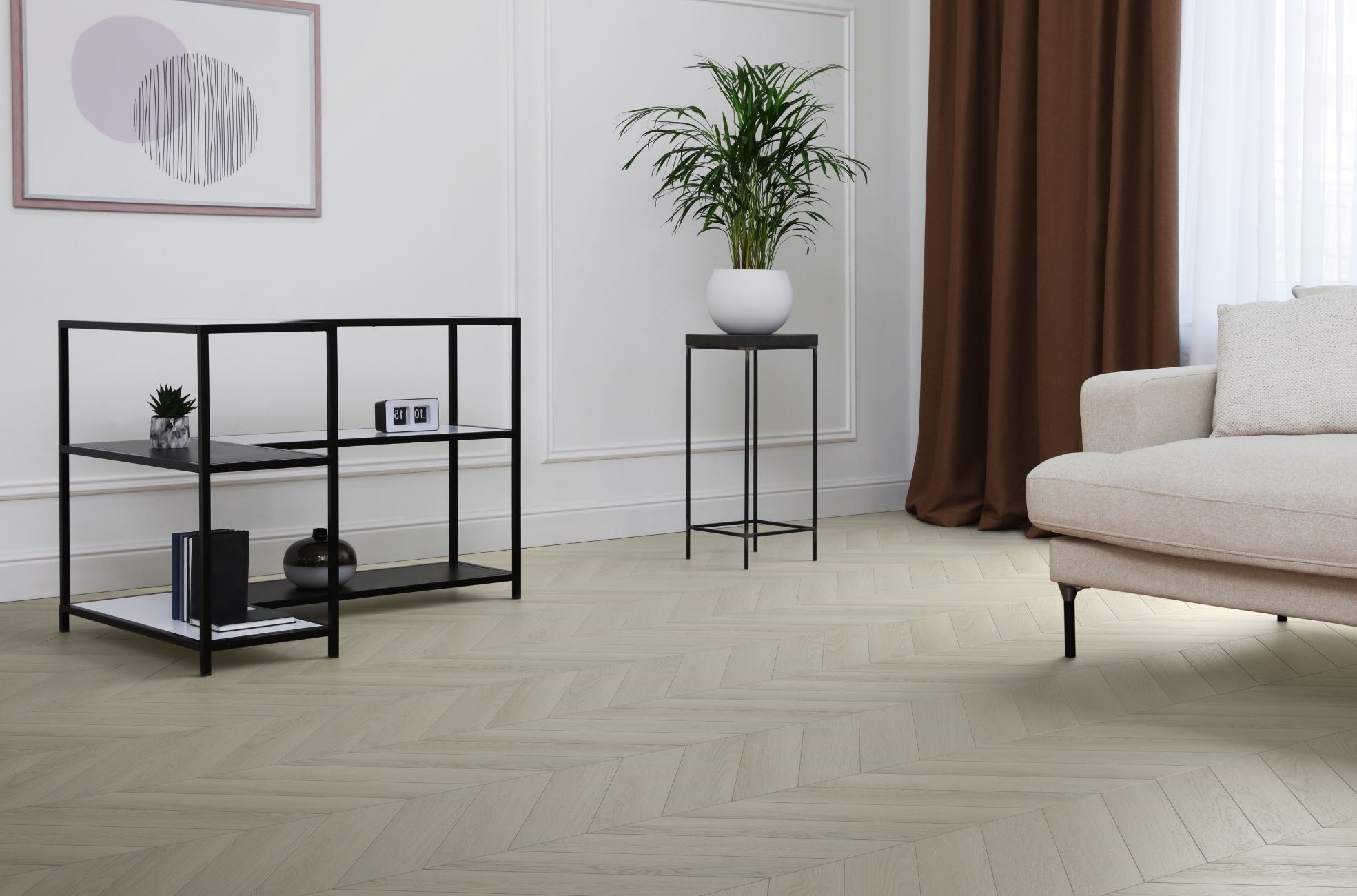 Кварцвиниловый SPC ламинат Aquafloor Chevron Premium AF7011CVR французская ёлка 690×120×6,5 фото в интерьере