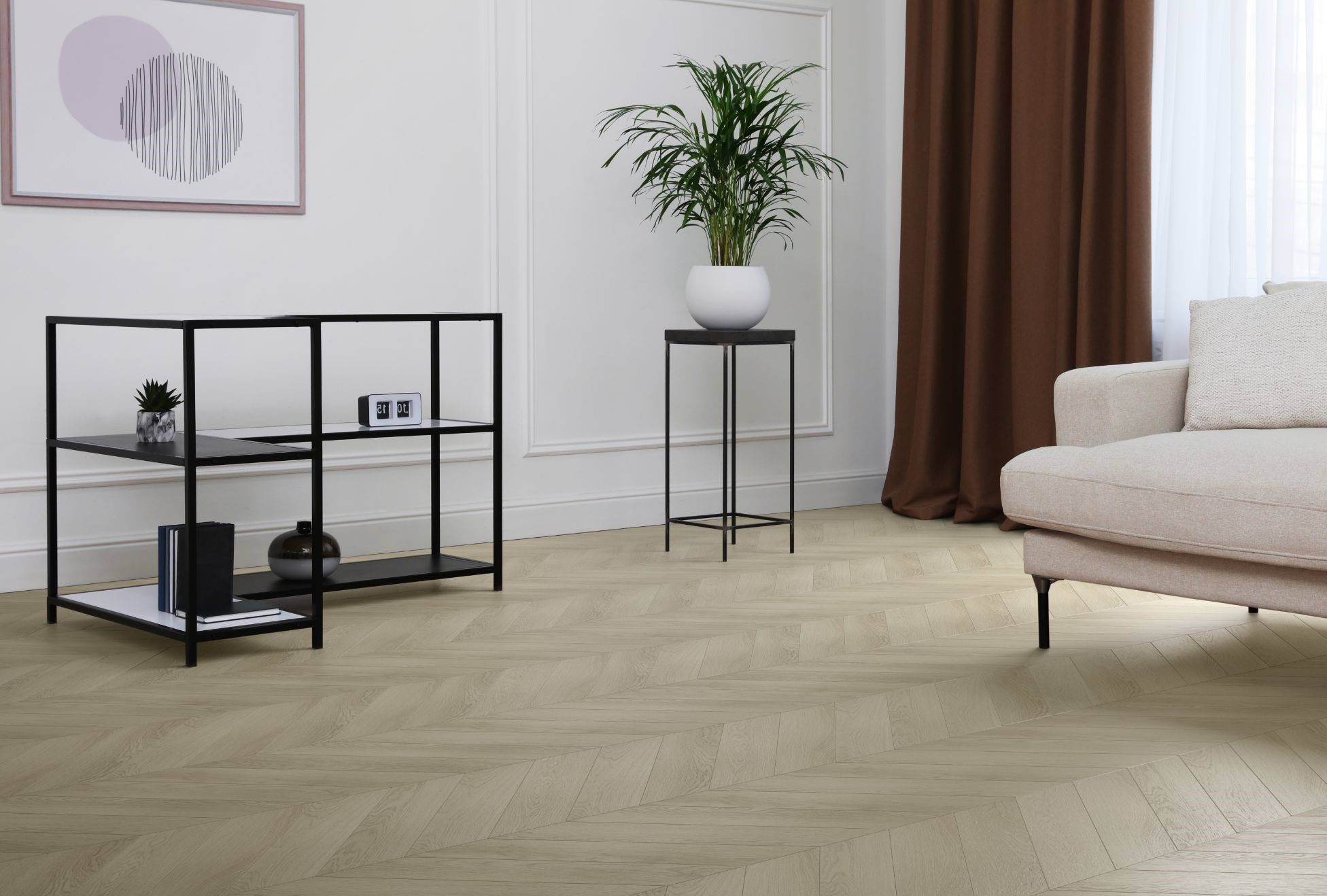 Кварцвиниловый SPC ламинат Aquafloor Chevron Premium AF7012CVR французская ёлка 690×120×6,5 фото в интерьере