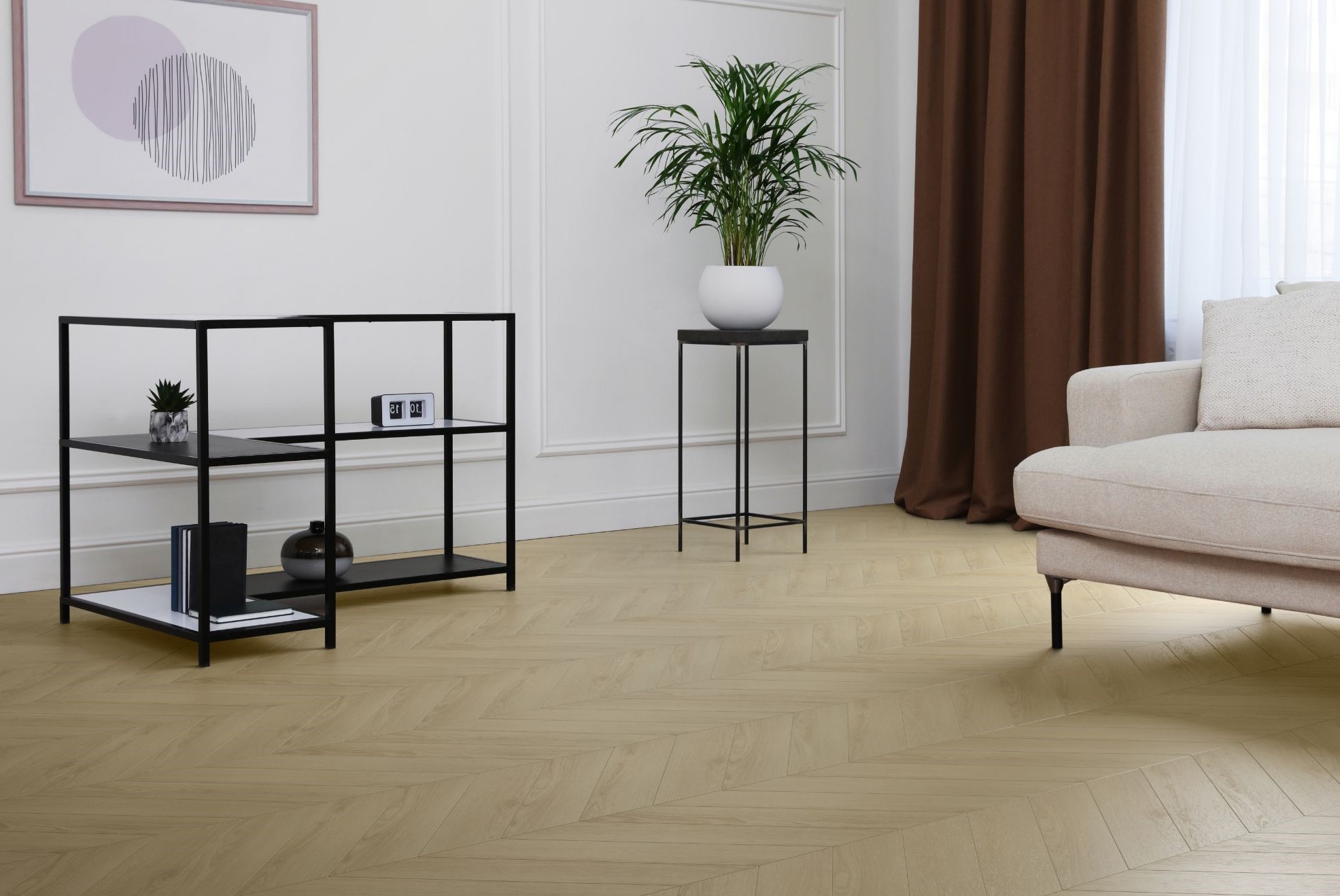 Кварцвиниловый SPC ламинат Aquafloor Chevron Premium AF7013CVR французская ёлка 690×120×6,5 фото в интерьере