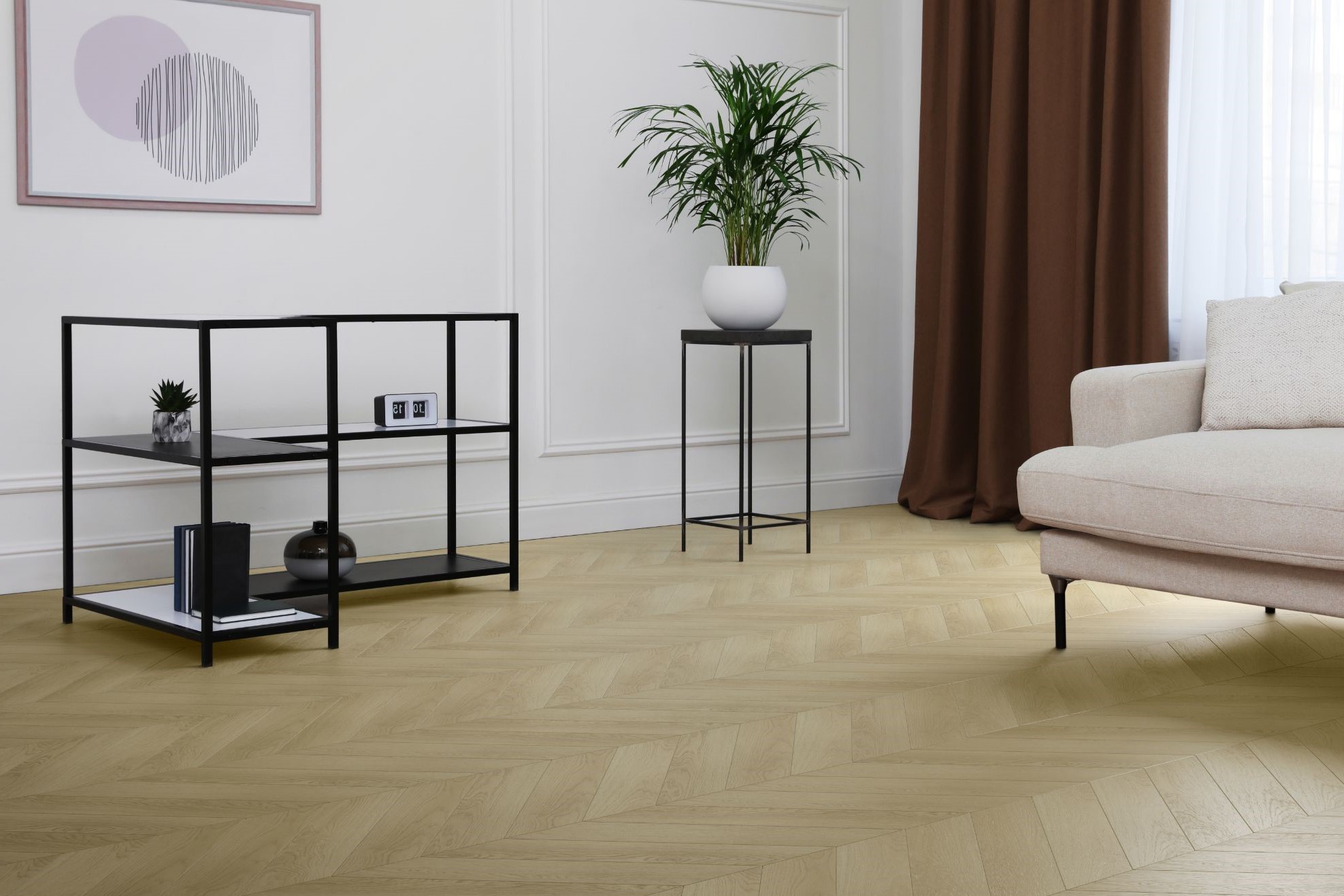 Кварцвиниловый SPC ламинат Aquafloor Chevron Premium AF7015CVR французская ёлка 690×120×6,5 фото в интерьере