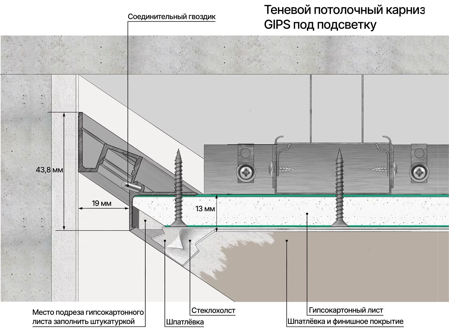Профиль алюминиевый теневой с подсветкой Laconistiq Gips 51-100-300 без покрытия 3000×43,8×44,1