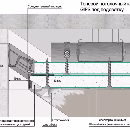 Профиль алюминиевый теневой с подсветкой Laconistiq Gips 51-100-300 без покрытия 3000×43,8×44,1