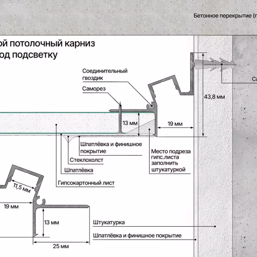 Профиль алюминиевый теневой с подсветкой Laconistiq Gips 51-100-300 без покрытия 3000×43,8×44,1