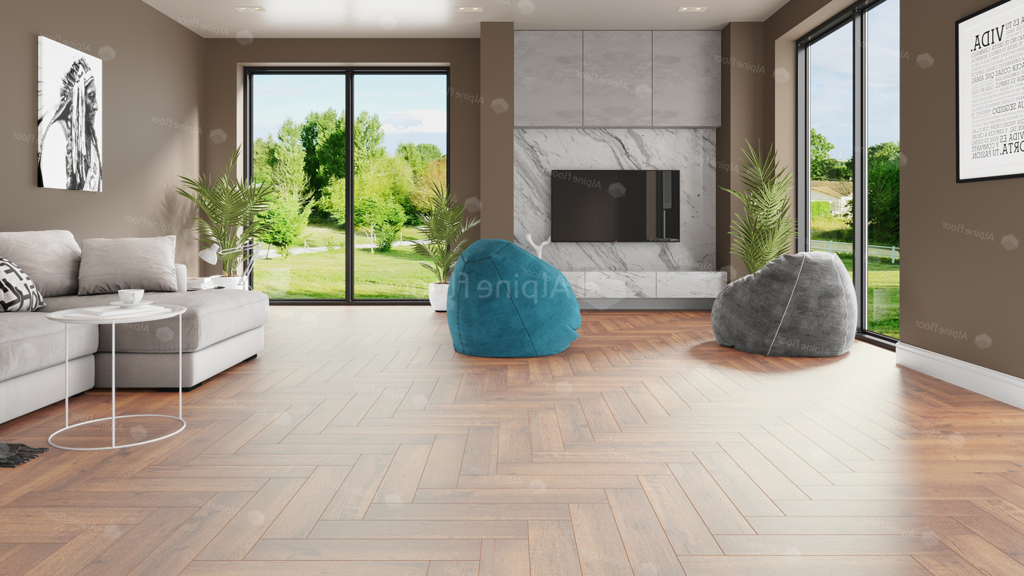 Кварцвиниловый SPC ламинат Alpine Floor Parquet Premium Дуб Royal ECO 19-2 венгерская елка 600×125×8 фото в интерьере