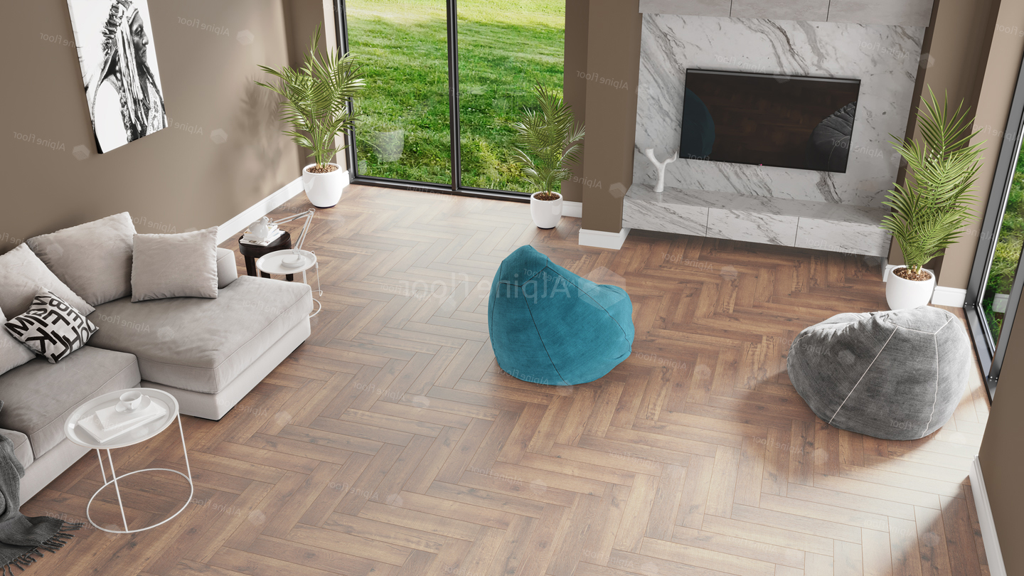 Кварцвиниловый SPC ламинат Alpine Floor Parquet Premium Дуб Royal ECO 19-2 венгерская елка 600×125×8 фото в интерьере
